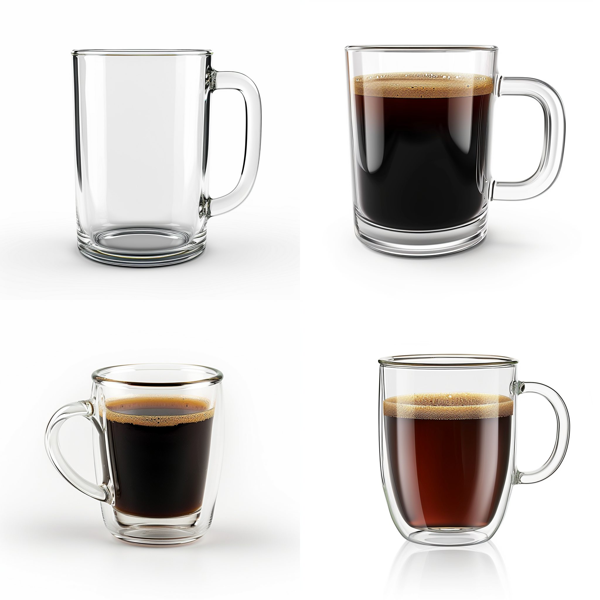 圆柱形普通玻璃咖啡杯，300ml，前视图，深度聚焦构图，摄影棚白色背景