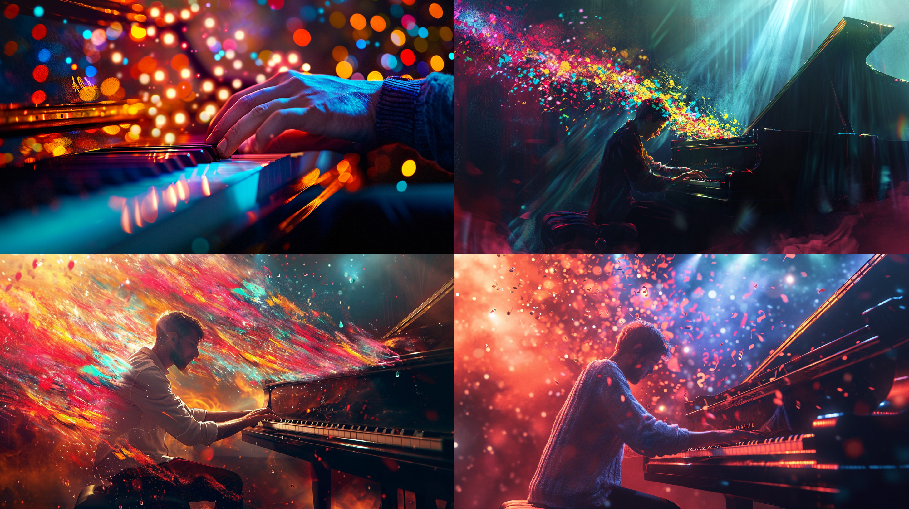 一位音乐家在弹钢琴，一连串的彩色音符从琴键上飞起来，欢快的，舞台追光灯