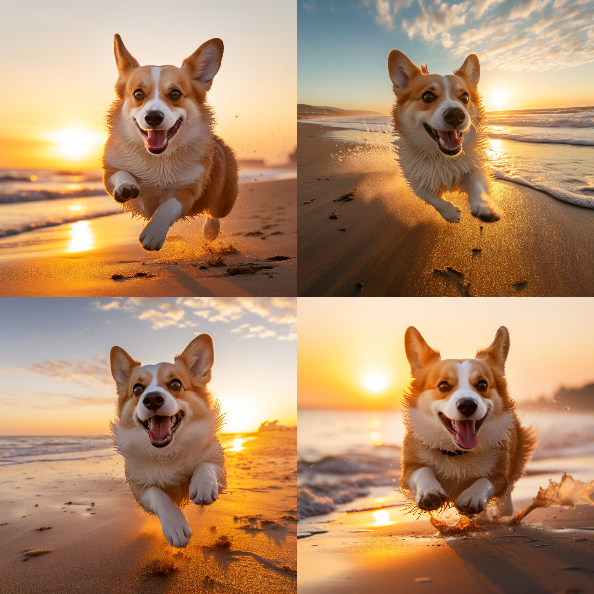 柯基狗奔跑在沙滩上，身体低姿态，毛发飞扬，背景是金色的落日和波涛汹涌的海洋。构图采用对角线布局，使用广角镜头突显狗的活力。光线柔和，给整个画面增添了温暖的色调。狗的表情兴奋而快乐，传递出无尽的活力和自由感。