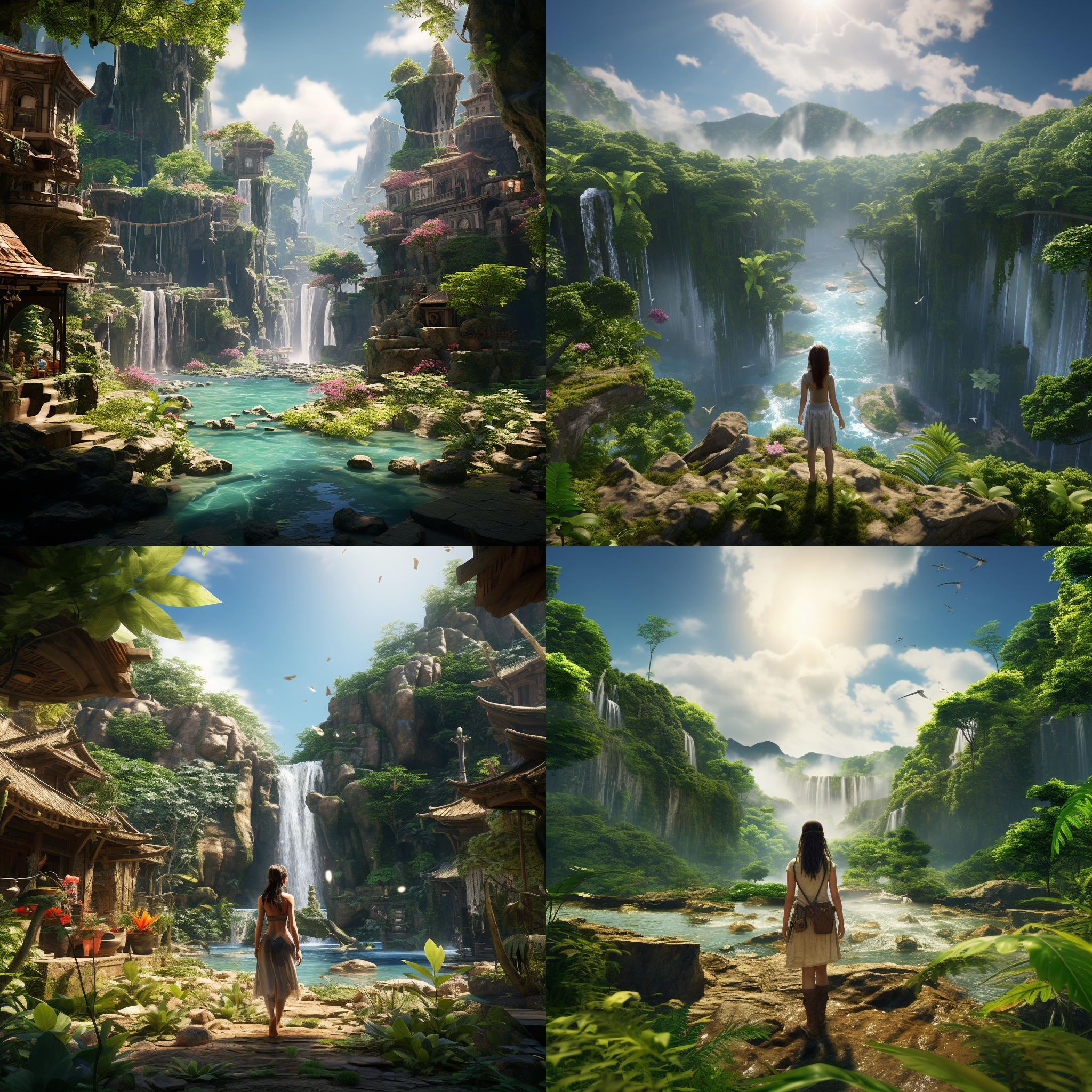 杰作，最好的质量，高品质，非常详细的cg统一8k壁纸，超逼真的巨大青色雨林，在一个未来主义的史前村庄，飞溅的水，沙子碎片，镜头照明，太阳轴，蓬松的云，超详细，hdr，开花，照片逼真，超详细，少女，洗衣服