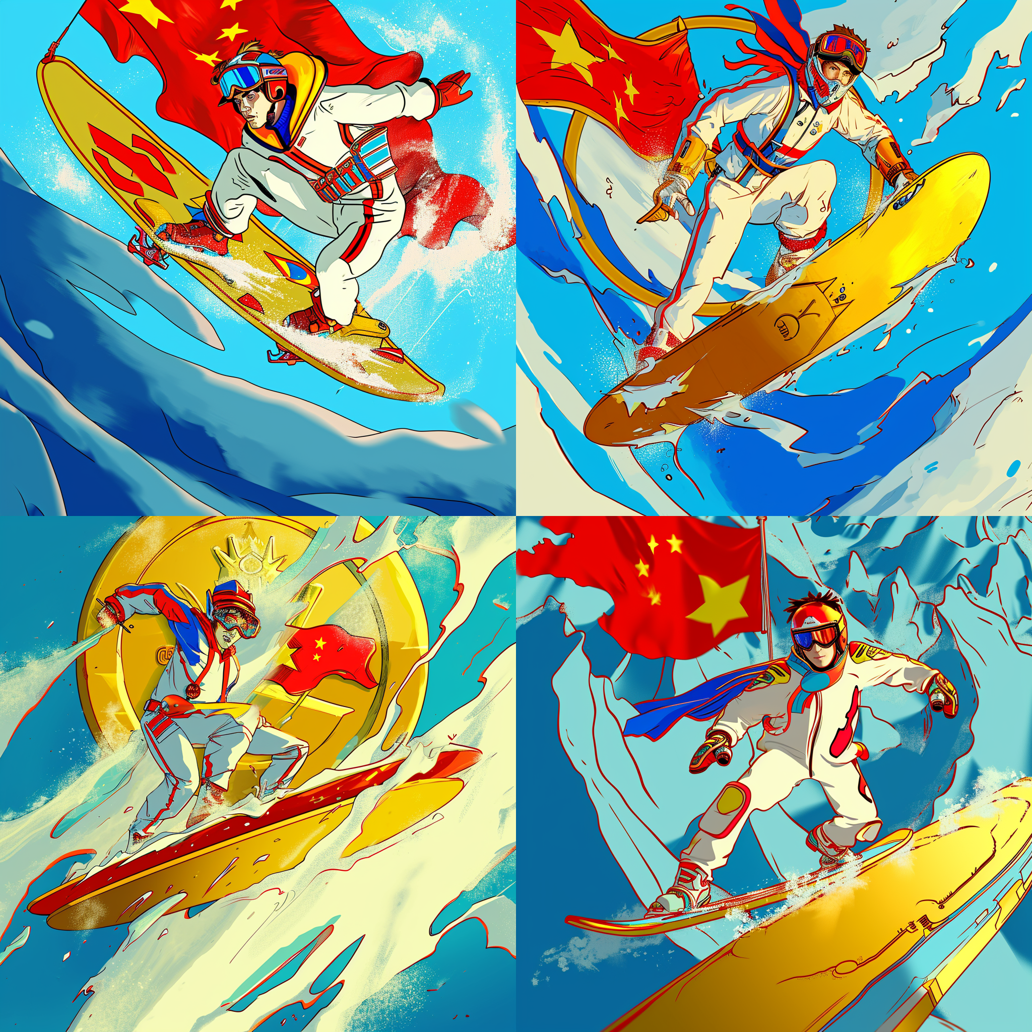 双板滑行，在一块巨大的金牌上，环境有很多雪和冰，飘有中国国旗