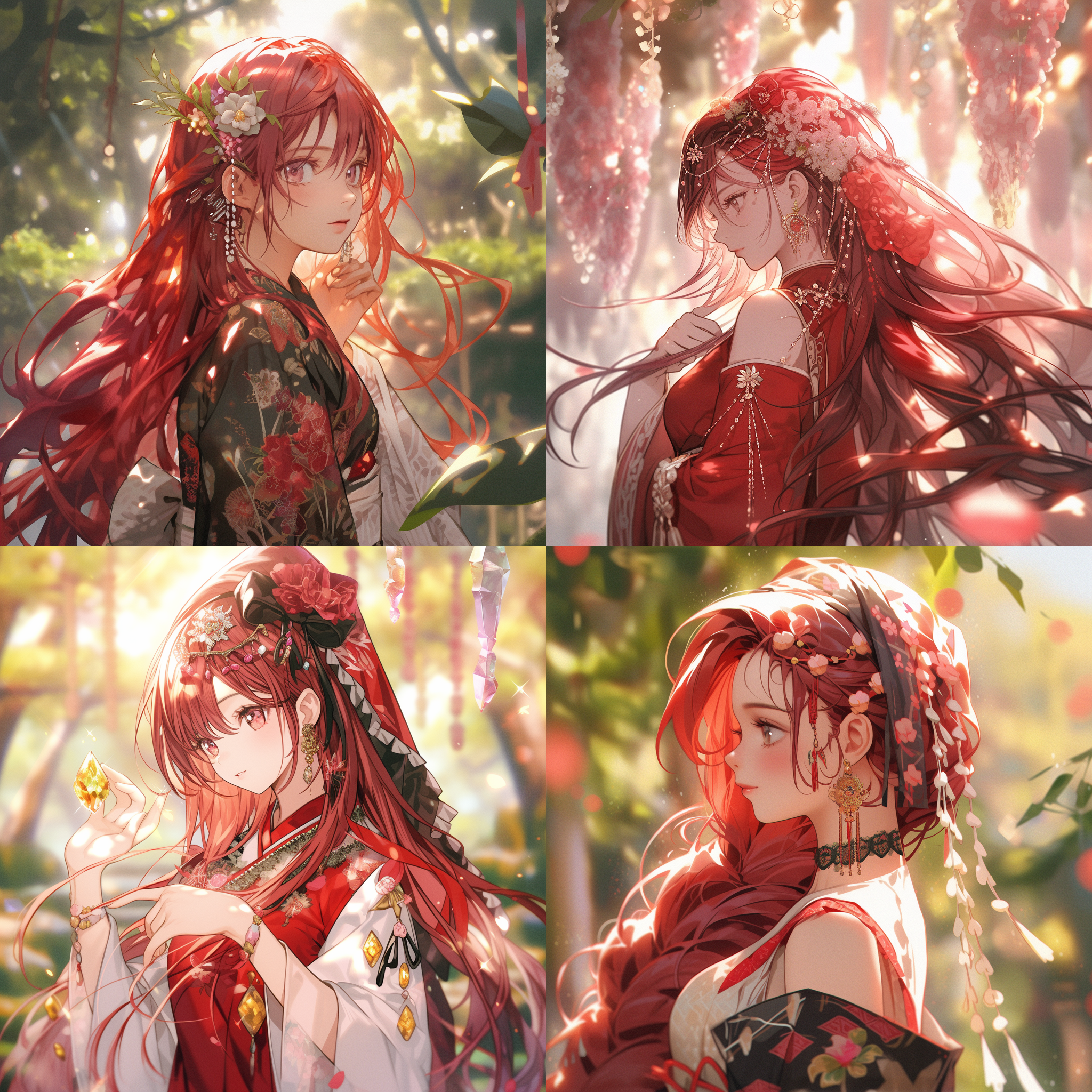 杰作上身，女孩子红色长发穿着和服，柳树，晴天，精致复杂的服装，柔和的颜色，水晶项链，金属光，神光，丰富的细节，最高质量，超细节，极其精致，最新的pixiv插图，华丽