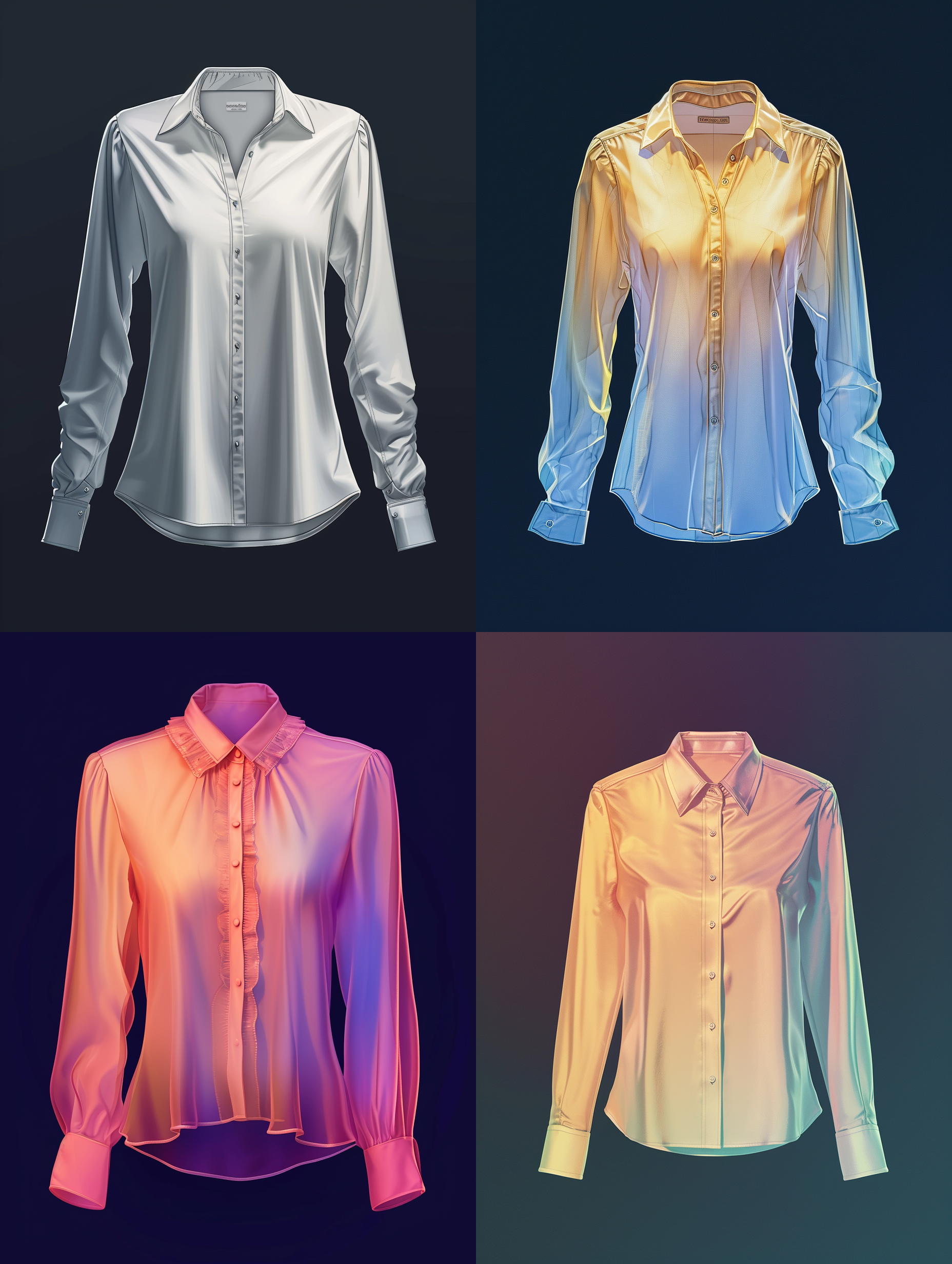garment technical drawing,collared shirt for woman,studio,gradient dark background,front view, symmetric,rembrandt lighting,ultra realistic