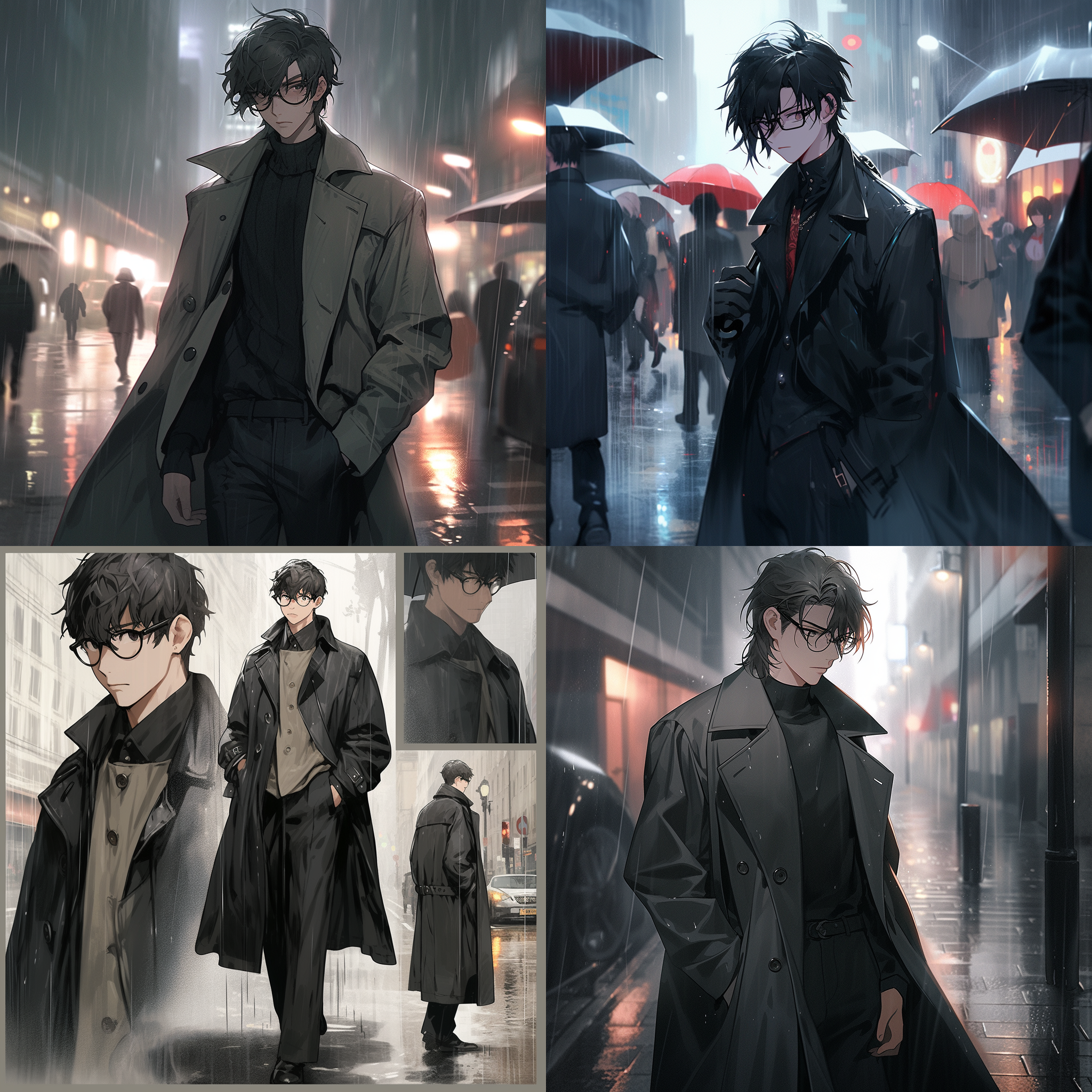 穿黑色风衣，动漫风格，男性，19岁，双手插兜，瓜子脸，冷漠神色，阴雨街道，身高170cm，在十字路口，穿黑色商务皮鞋，带金边眼镜，精瘦，