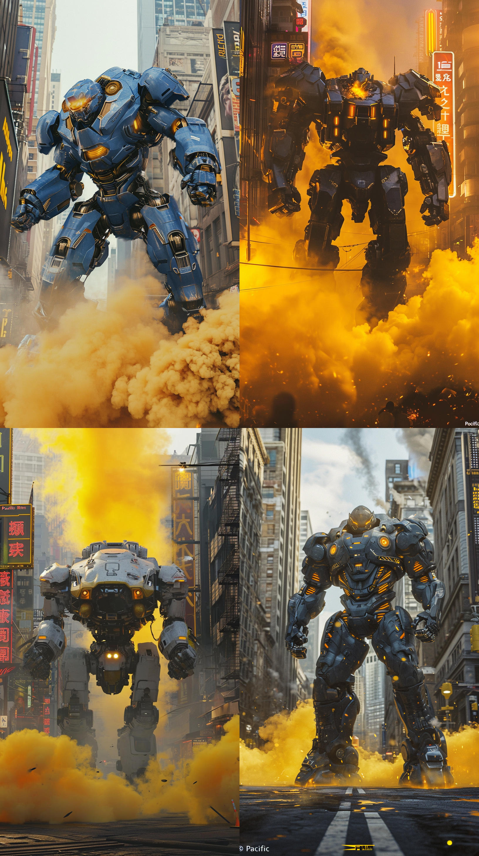 电影《环太平洋》类似的机甲战士，立于城市之中，脚周围被浓浓的黄色烟雾包裹，超现实主义风格，酷炫动作，金属质感，高科技感，战斗气氛，紧张刺激，虚拟引擎渲染，鸟瞰透视，16k