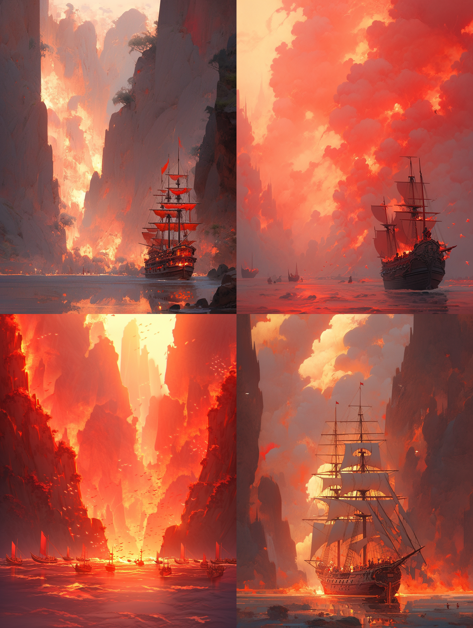 火烧赤壁，壮丽场景，山水画风，红色调，远景，长焦镜头，晨光，倒影，船只，战斗，壮烈，激情。