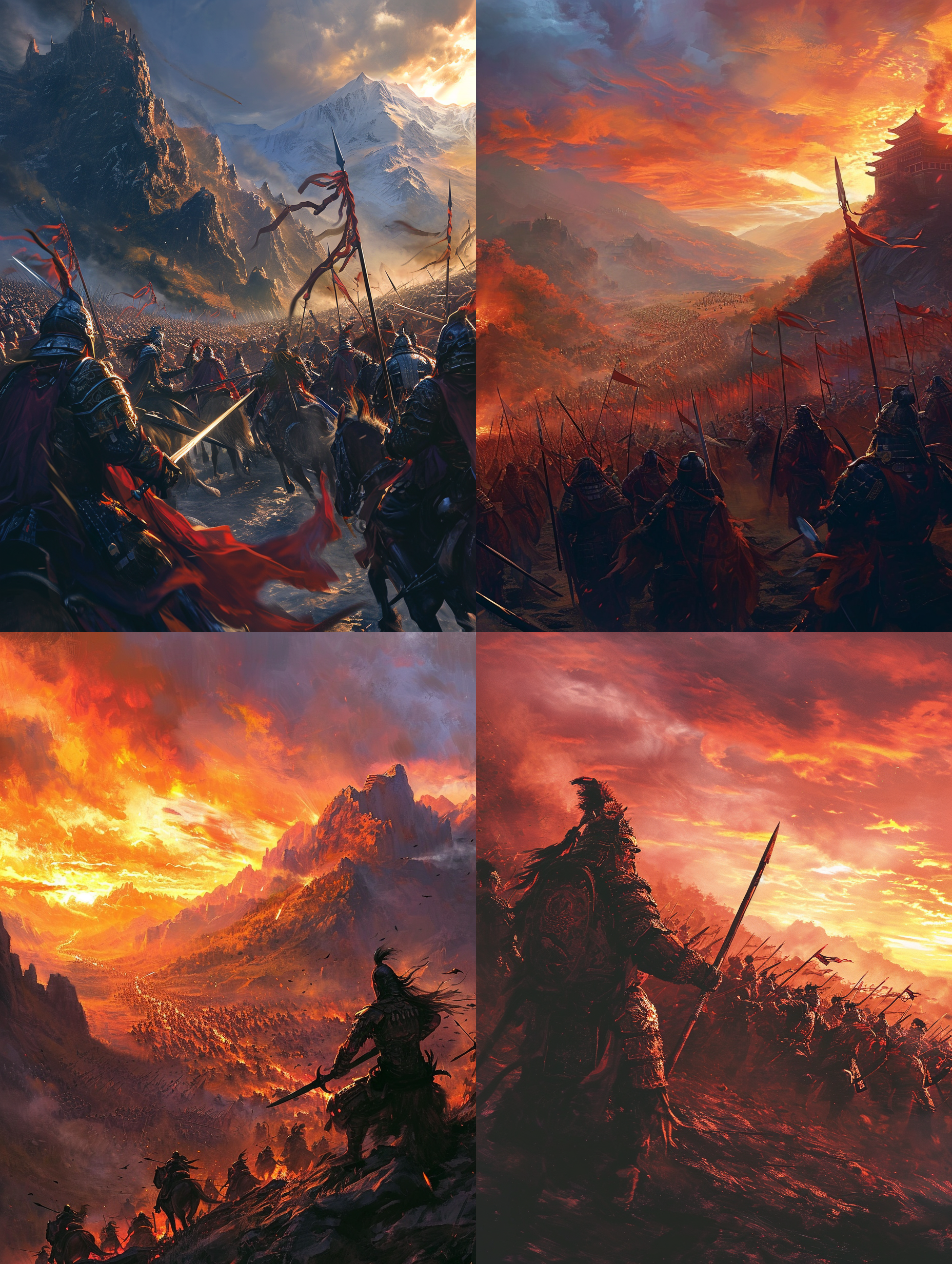 虎牢关前大战，画面对称，长焦镜头，紧张，夕阳照耀，铠甲冷光，战斗强烈对比温暖色调。