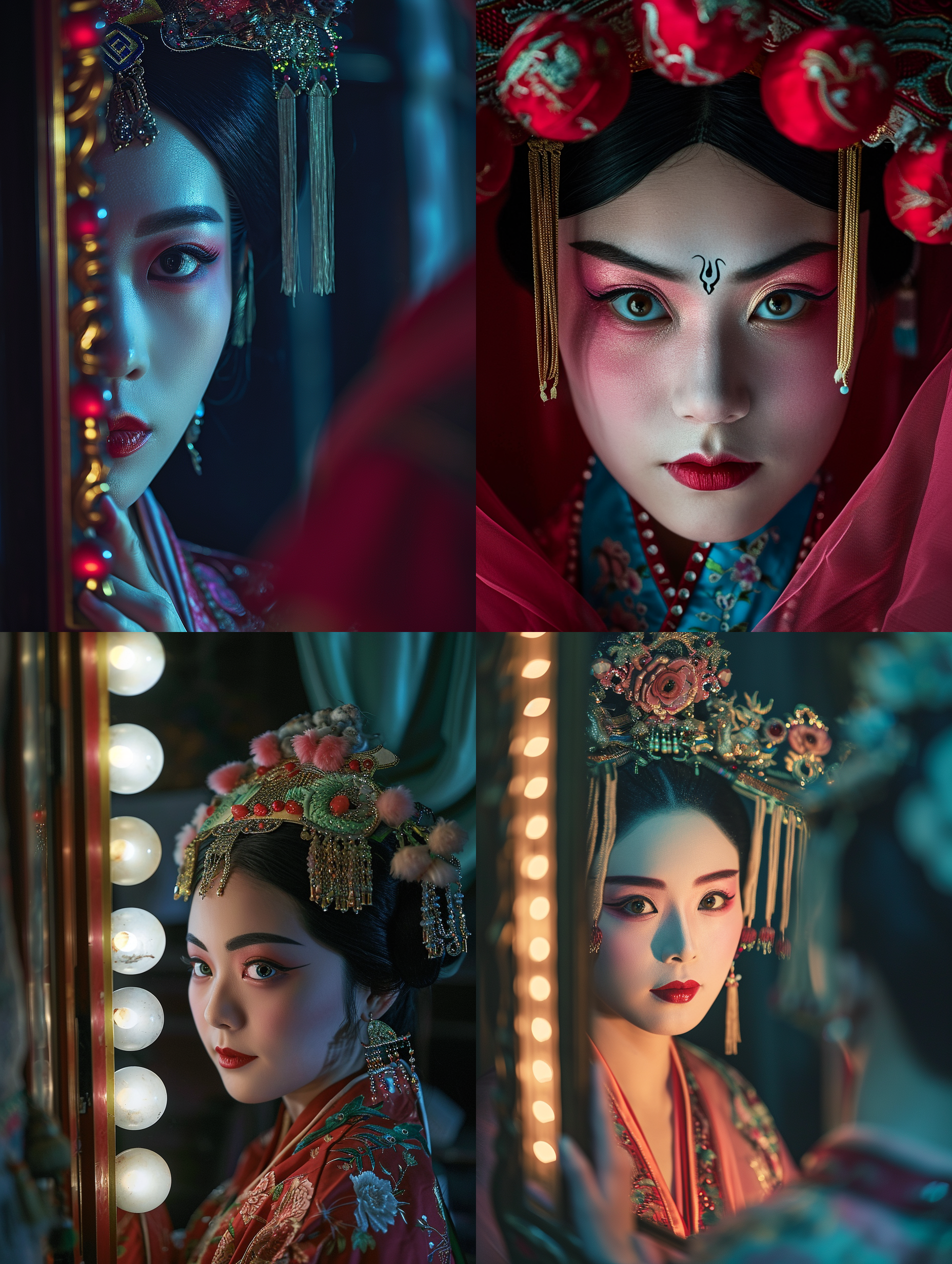 京剧女演员化妆镜前，眼神坚定。构图对称，明暗对比强烈，舞台后方昏暗而充满神秘感。高光和阴影交错，标准镜头，色彩饱满，表情自信、期待。京剧, 化妆镜, 女演员, 眼神坚定, 构图对称, 明暗对比, 舞台后方, 神秘感, 高光, 阴影, 标准镜头, 色彩饱满, 表情自信, 表情期待.