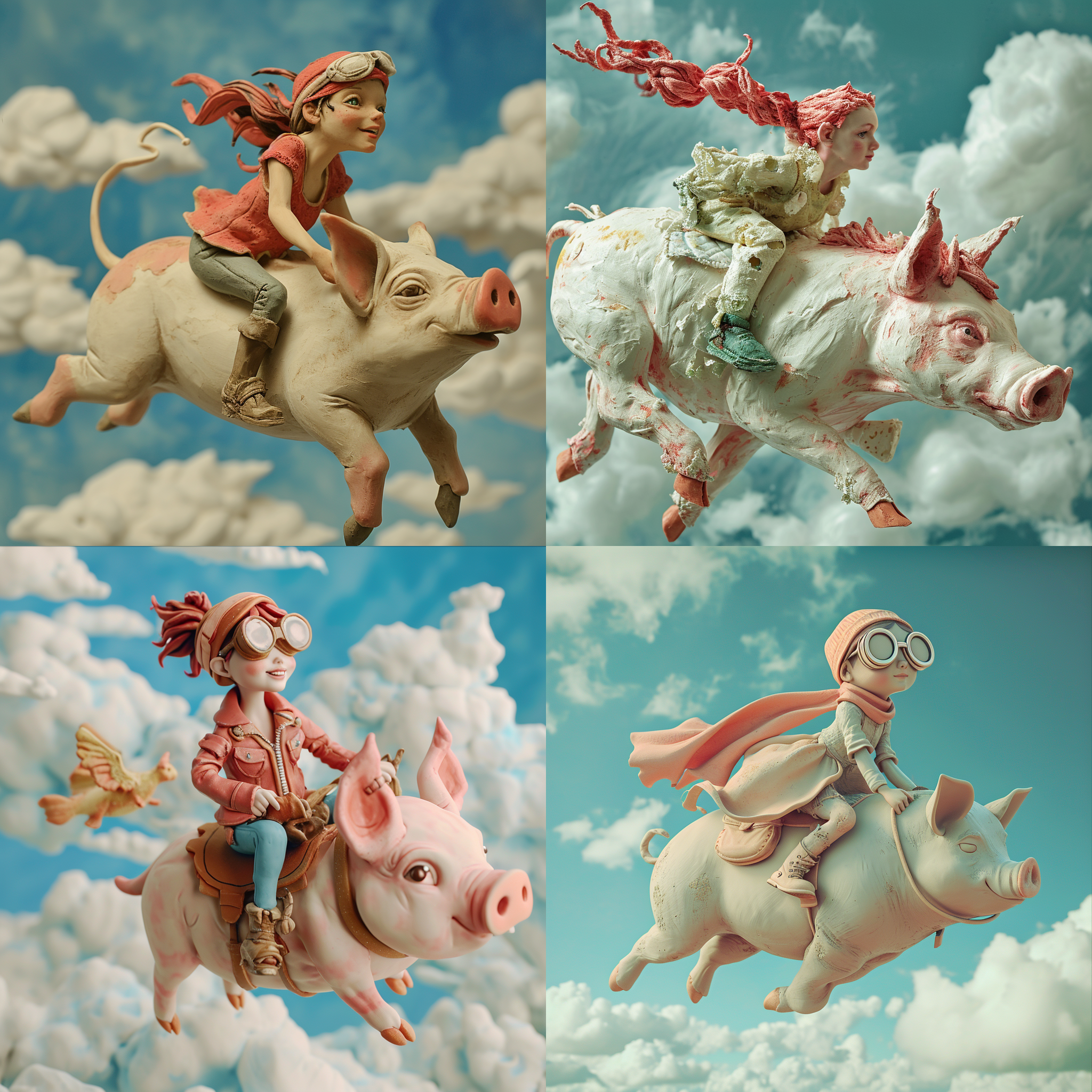 骑着飞猪的女孩在天空中飞行，用彩色黏土呈现作品，极度特写，pov，影深，超级细节，柔和的色调，模型，光泽度好，背景干净