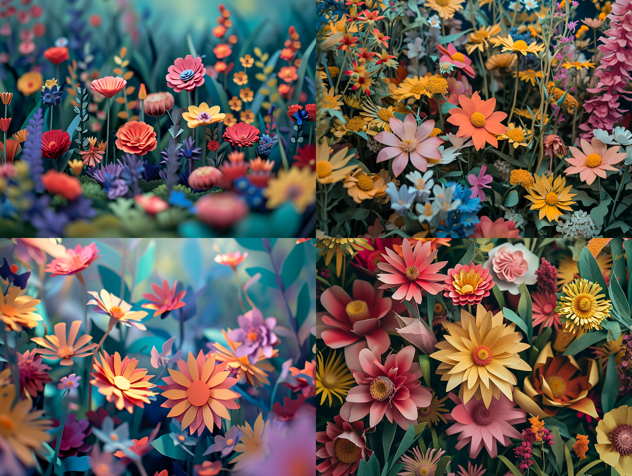 剪纸风格，一个盛开了鲜花的花园，鲜艳的色彩，复杂的细节，自然光，景深，nikon d3，微距镜头