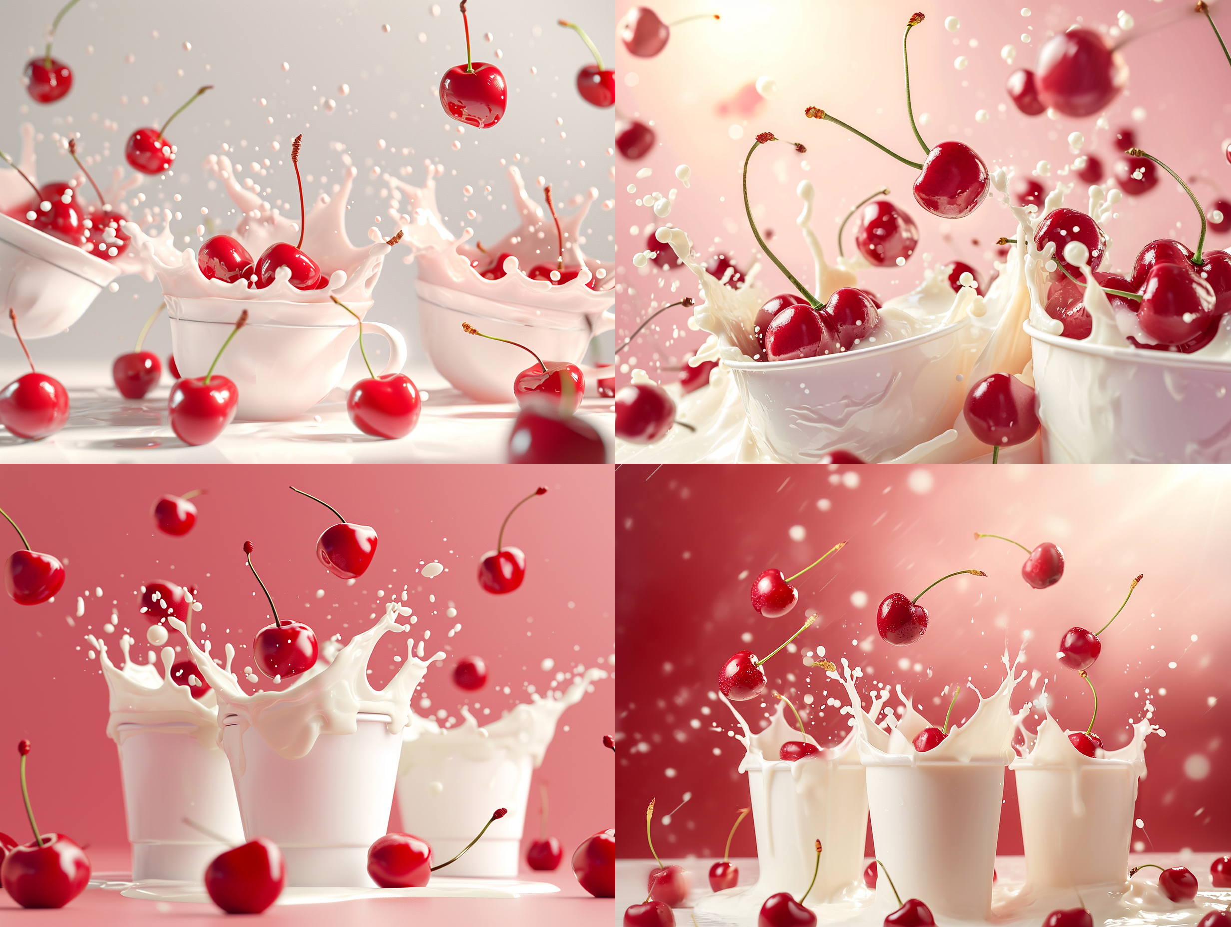 樱桃在牛奶杯里，溅出来的牛奶，空中飘落着樱桃，超真实写真，c4d，3d，高清，纯色背景 充满阳光 居中构图