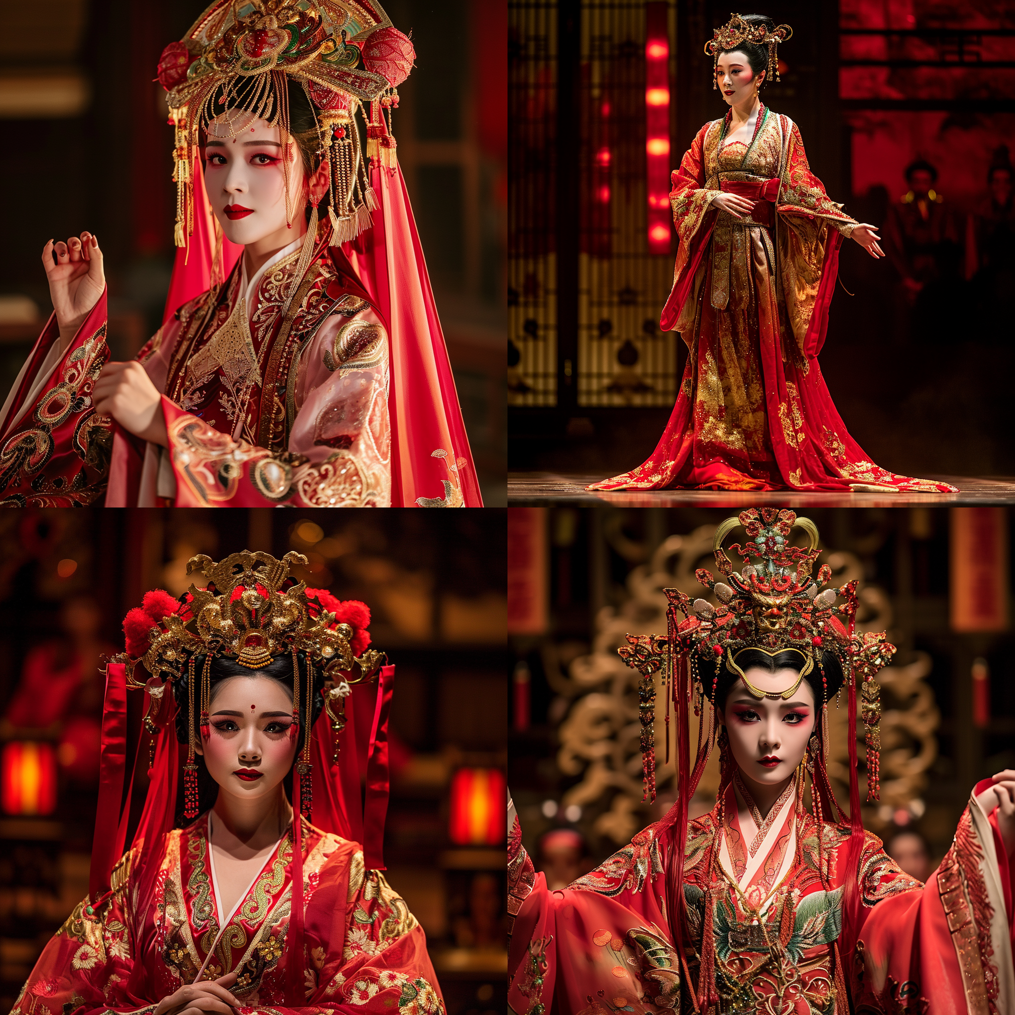 豫剧女演员，华丽的戏服，传统的妆容，站在舞台中央，表情深情动人。红色和金色的主题色调，逆光照明，广角镜头捕捉到舞台上的细节。优雅的手势，流畅的动作，展现出豫剧的独特魅力和激情。