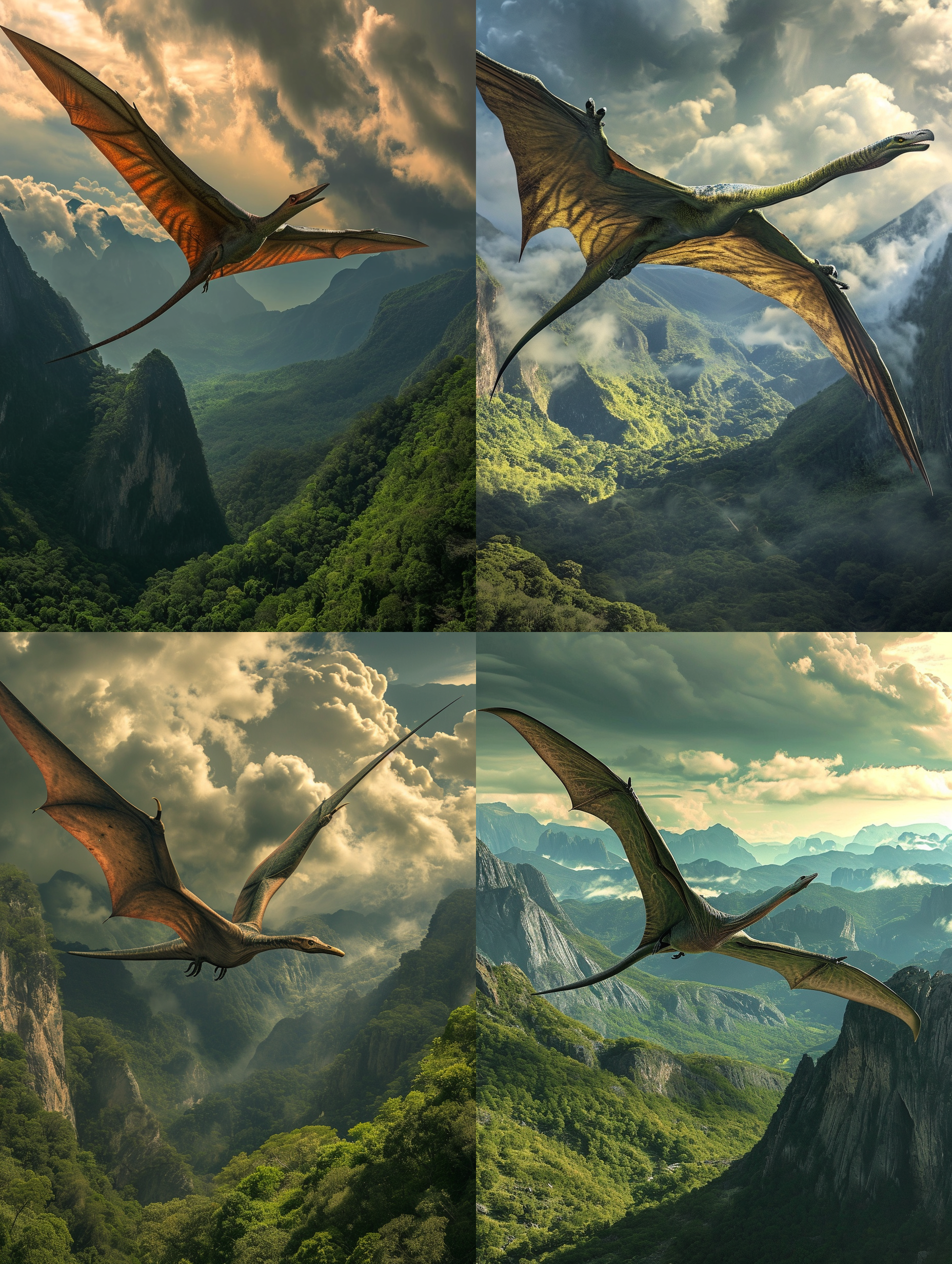 在侏罗纪场景中，pteranodon翱翔于苍穹之间。镜头通过鸟瞰角度，将整个景观展现出来。图像采用高动态范围(hdr)技术，以捕捉细节丰富的云彩和山脉。配色以绿色和棕色为主，呈现出原始世界的氛围。照片中的pteranodon展翅飞翔，传达着自由、力量和壮丽的感觉。