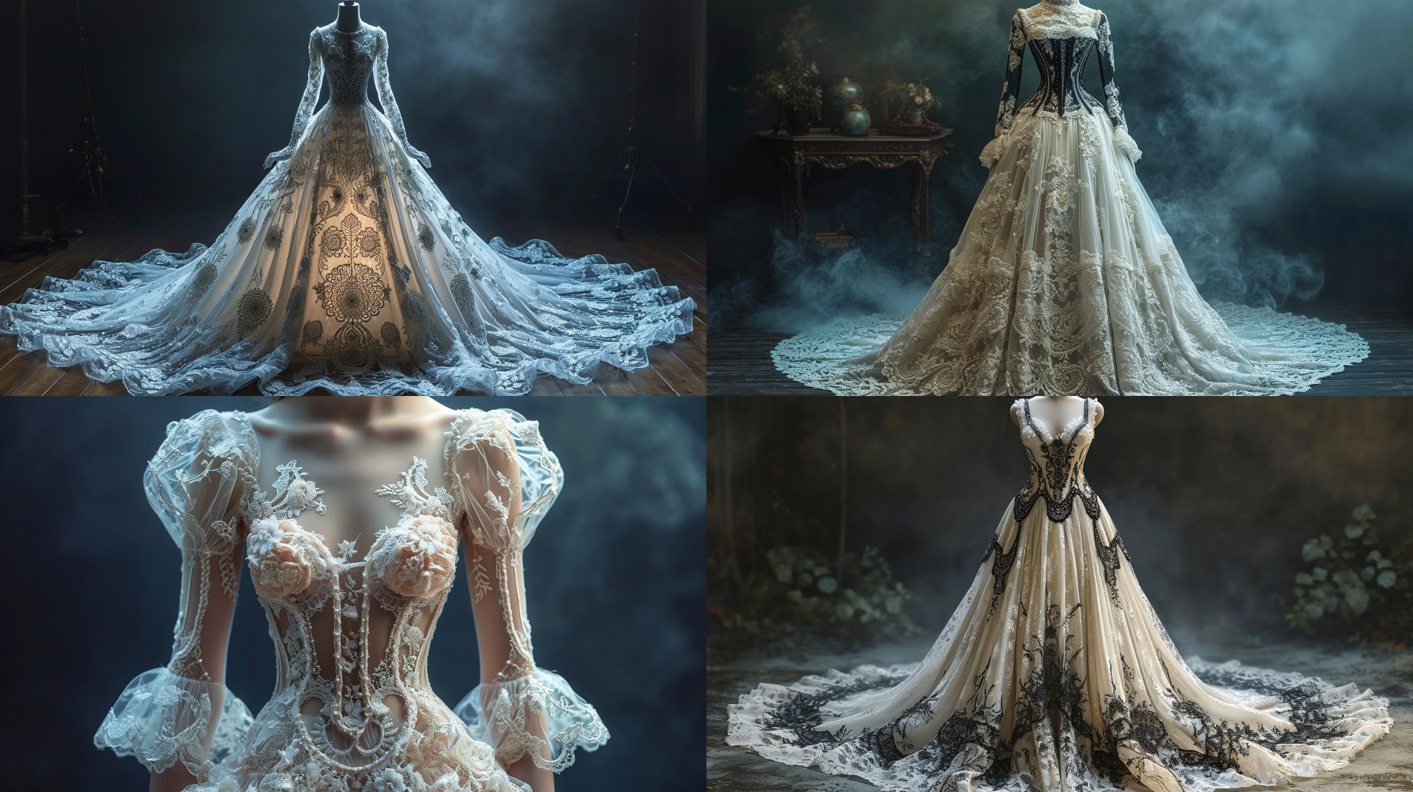 garment technical drawing,white lace dress,lace trimming,studio,gradient dark background,front view,symmetrc,rembrandt lighting,ultra realistic
