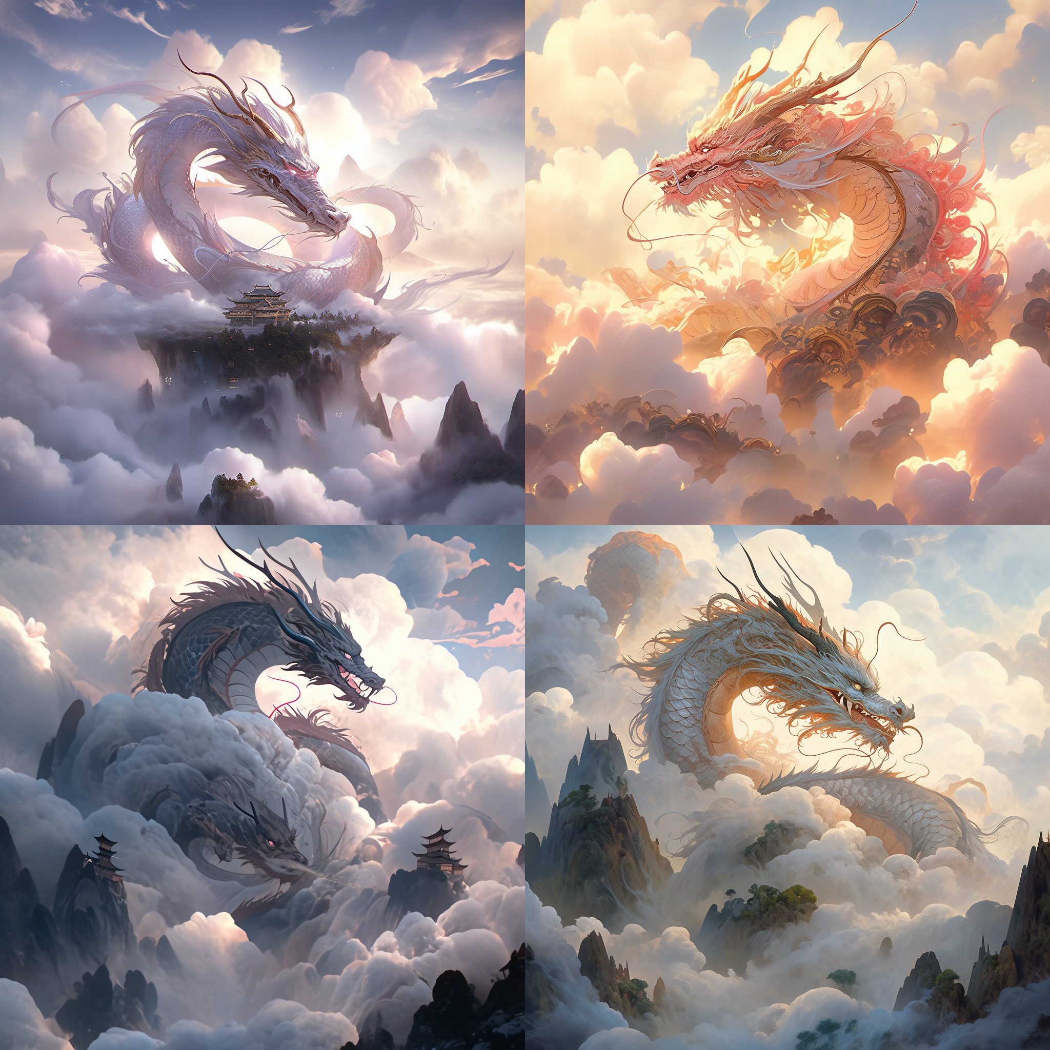 龙凌空而起，身姿威严。它在云海中飞翔，背景是壮观的山脉和层层叠叠的云朵。龙的身体呈s形曲线，眼神锐利，鳞片细腻。整个画面透露着传统的中国文化和神秘的氛围。龙，飞翔，云海，山脉，云朵，s形曲线，锐利眼神，鳞片，中国文化，神秘。