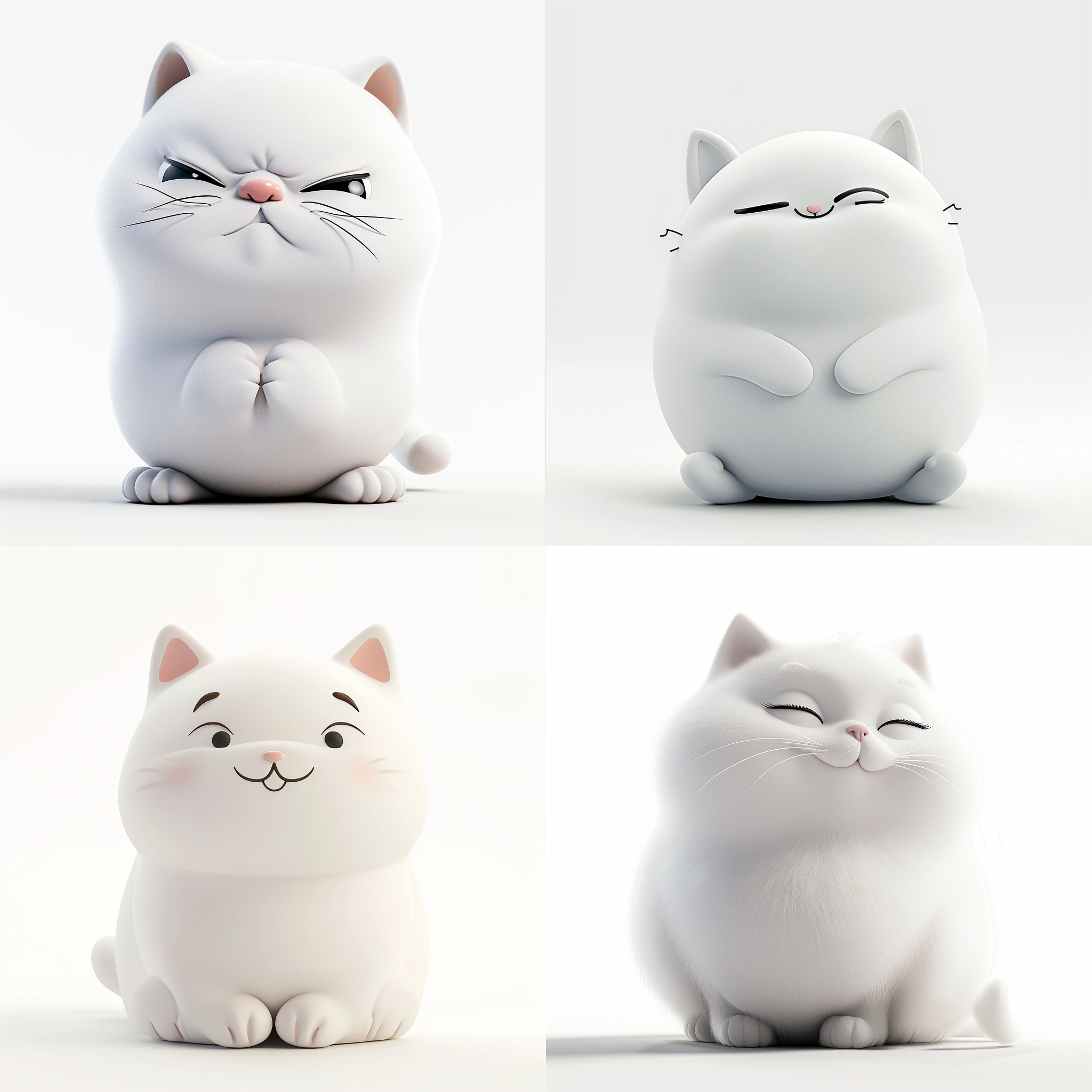 卡通3d可爱白色肥嘟嘟的猫咪，表情奶凶奶凶，坐在纯白地上，纯白背景。照片风格明亮温，充满生机，细节丰富，表达出宠物的可爱和奶凶。卡通，3d，可爱，肥嘟嘟，白色猫咪，求收养，表情，明亮，细节丰富，宠物，奶凶。