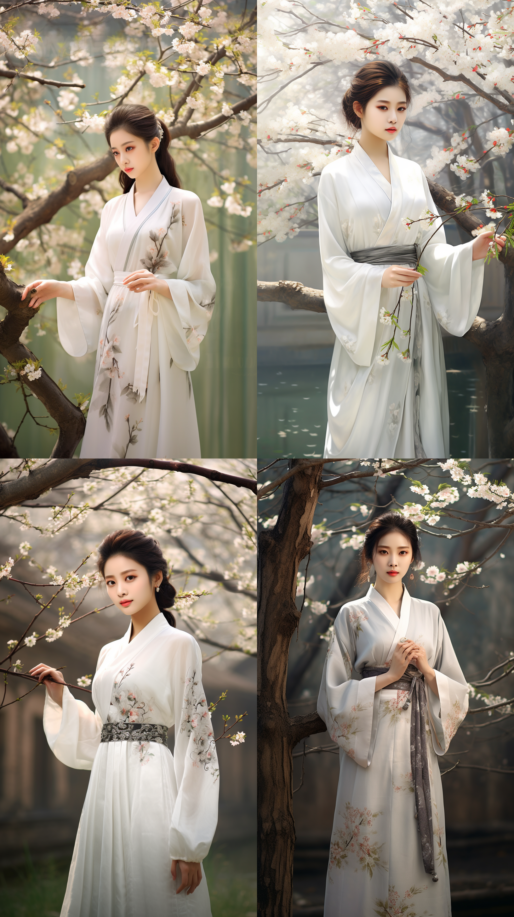 工笔画风格美女，户外大光圈，手持白色梅花，经典宋朝白色服装，苏州园林背景，4k，高清