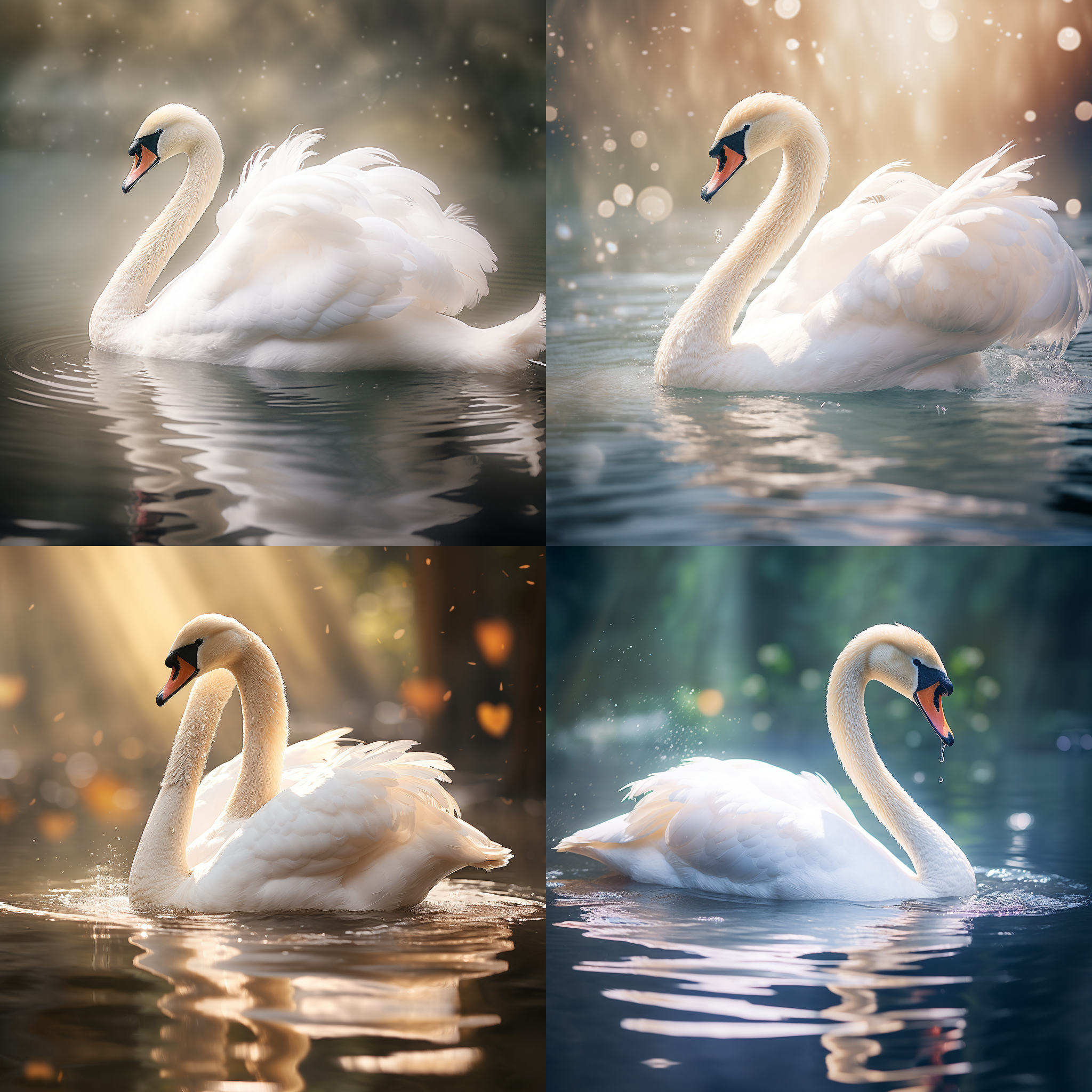 天鹅形象，白羽毛，优雅姿态，城市背景，水面上，细腻纹理，环境光线，婚礼风格，静态，柔和色调，温暖气氛，柔光，水面倒影，祥和