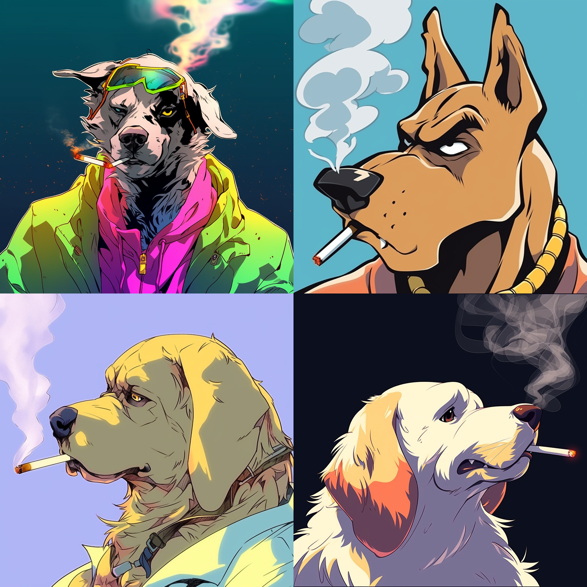 一个有卡通形象的狗在抽10根烟，要求形象诙谐幽默，画面颜色对比清晰