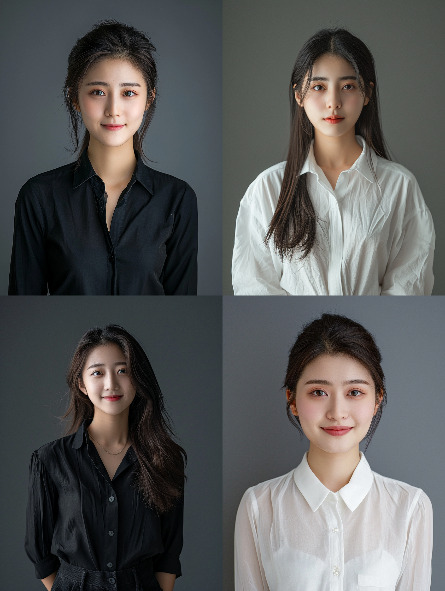 a beautiful girl,25-years-old,chinese,smile,collared shirt,studio,gradient greybackground,front view, full body,long shot,symmetric,rembrandt lighting,ultra realistic