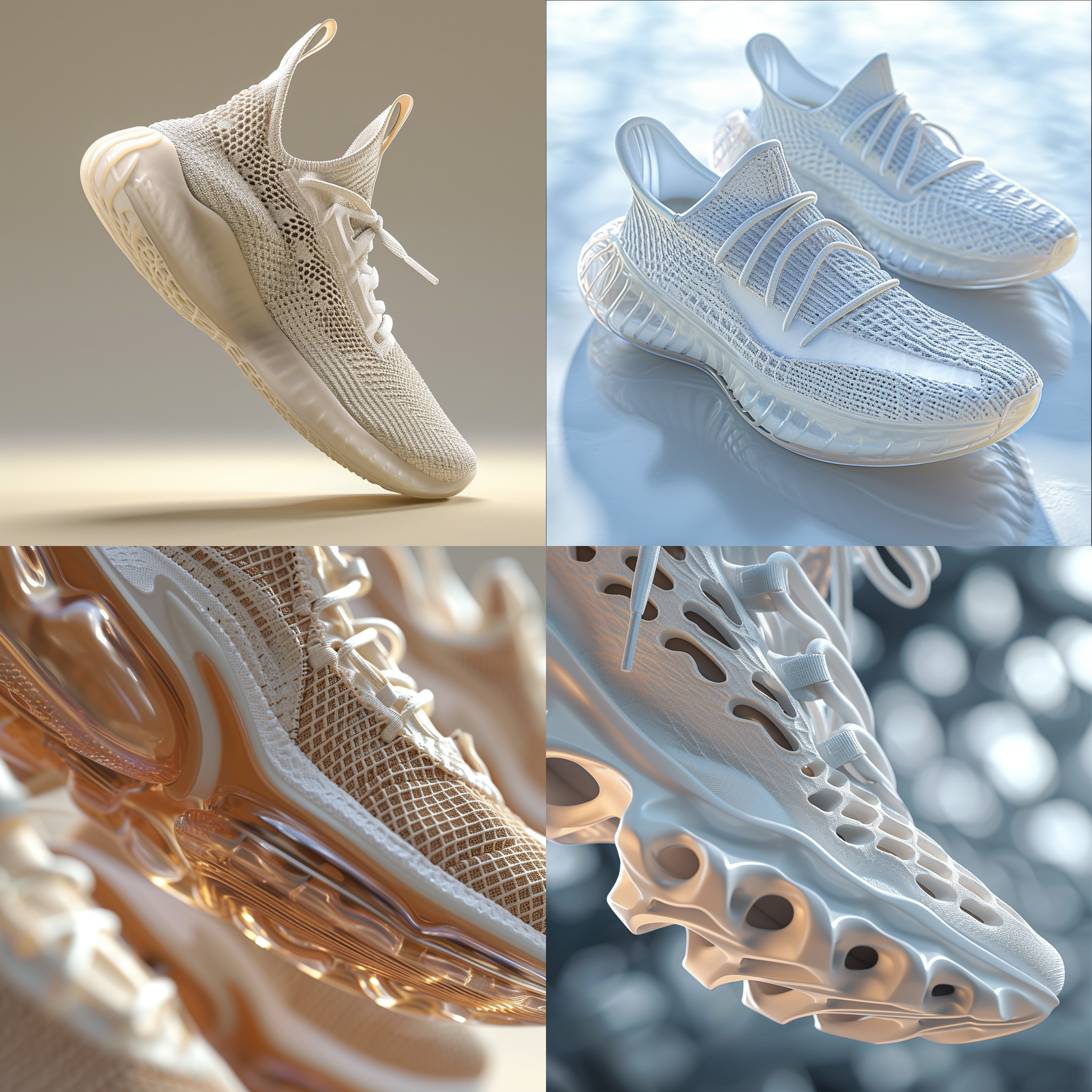 中性风格的潮流运动鞋，一体成型，提供圆滑和流线型的外观，编织鞋面，缓震鞋底，无鞋带设计，植绒鞋垫，柔和细腻的渐变色方案，运动模糊，极度特写，pov，极宽广的视角，3d，c4d，octane渲染，光线追踪，中心构图，前视图，景深，自然光，亮色背景，技术虚拟背景