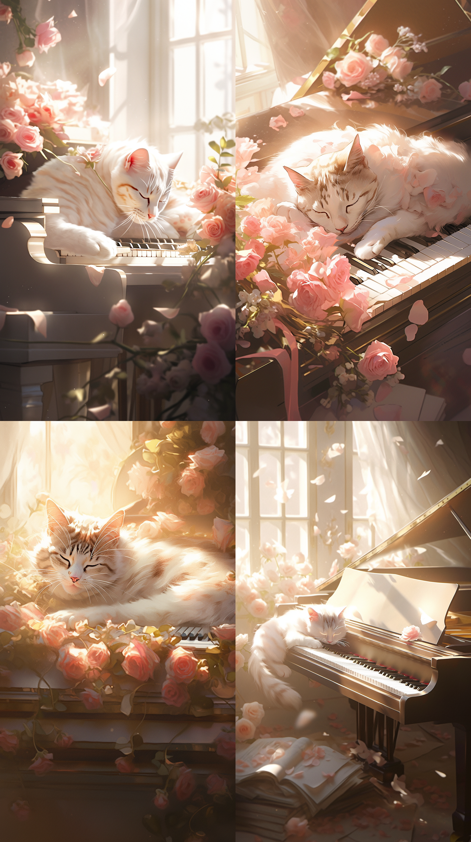 缅因猫在象牙钢琴上睡懒觉，猫身躺在琴键上，玫瑰花圈和花瓣点缀周围，阳光透过窗户洒在猫身上。这张照片采用新海诚作品风格，呈现高质量、最佳画质的16k高分辨率。摄影角度动态而有趣，细节丰富而复杂