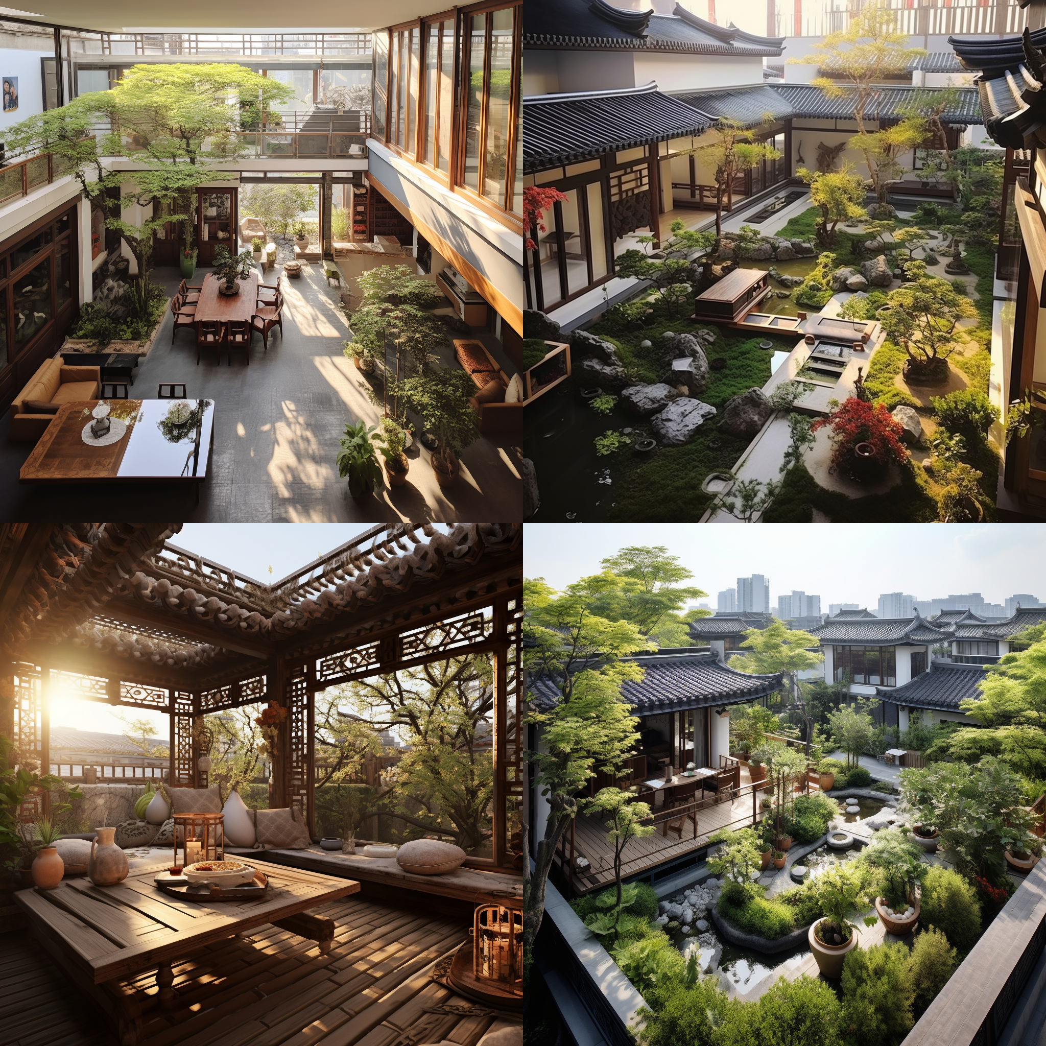 长3.6米，宽6.8米，新中式风格，有好的观景视野的屋顶花园，俯视镜头，自然光洒进，清晰细腻，明亮颜色，真实自然。冷风色调，自然光线。