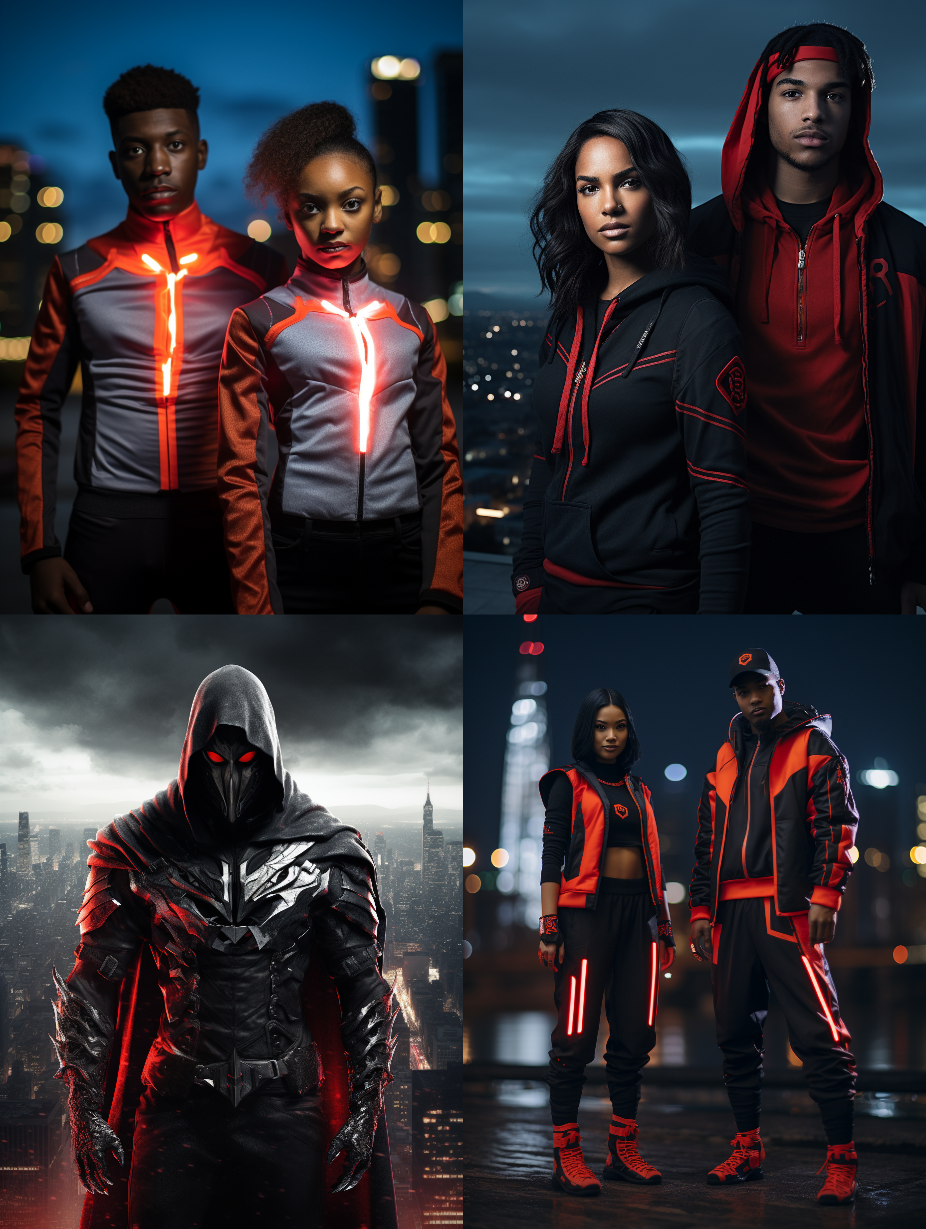 未来战士，全身穿着高科技服装，站在城市天际线背景下。构图规整，视觉重心偏左，使用广角镜头突出战士的威武形象。色调冷酷，灯光照亮战士脸部和服装细节。战士手持能量武器，准备发射。动作刚毅，表情坚定，体现未来战士的勇敢与决心。