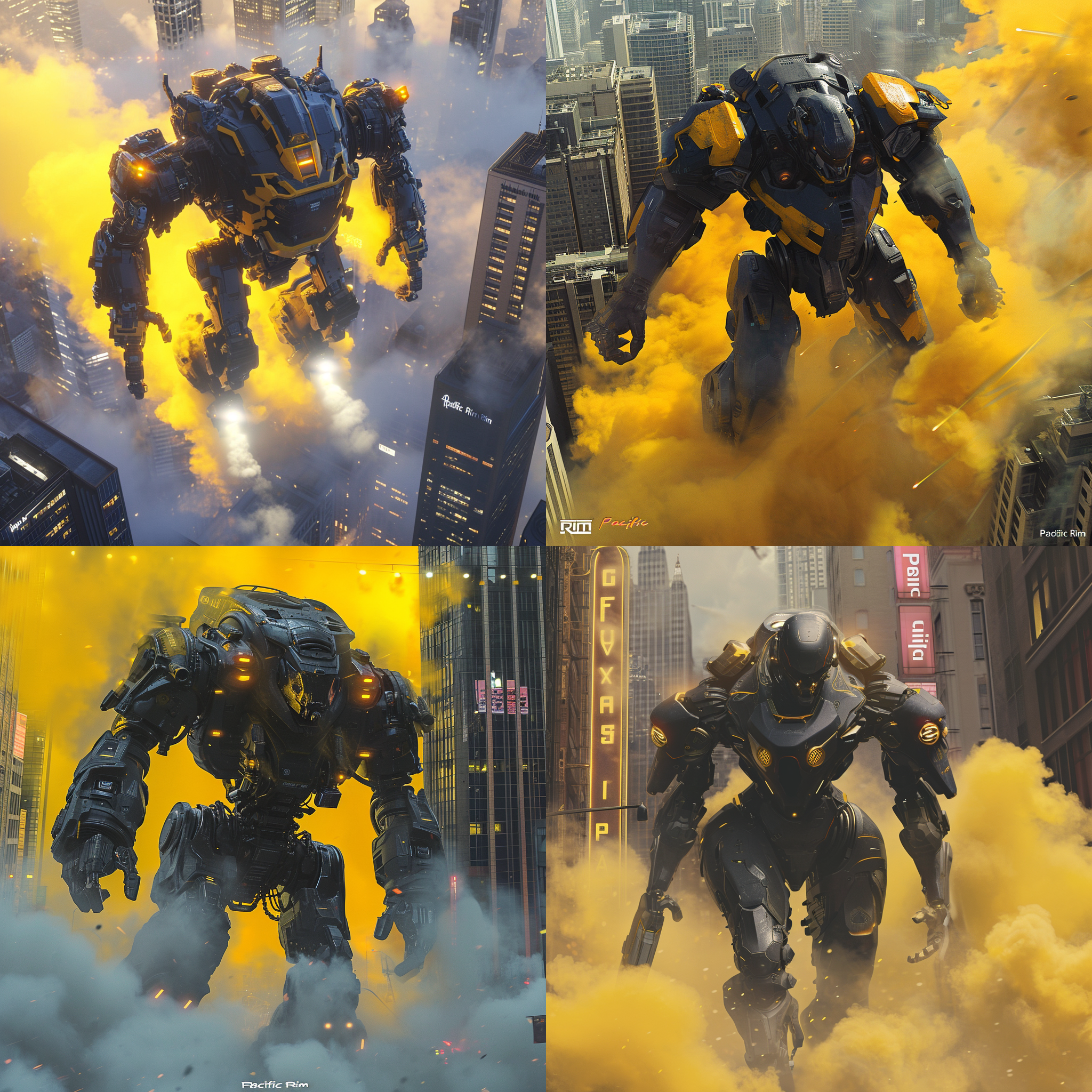 电影《环太平洋》类似的机甲战士，立于城市之中，脚周围被浓浓的黄色烟雾包裹，超现实主义风格，酷炫动作，金属质感，高科技感，战斗气氛，紧张刺激，虚拟引擎渲染，鸟瞰透视，16k