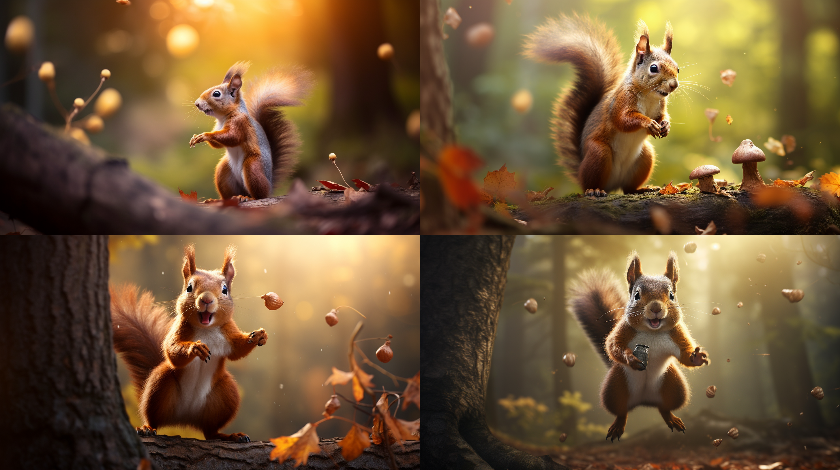masterpiece, best quality, a clever and cute squirrel standing on a tall oak tree, lively collecting acorns and jumping around, showcasing a very lively image, cinematic lens with (complex filed bokeh);