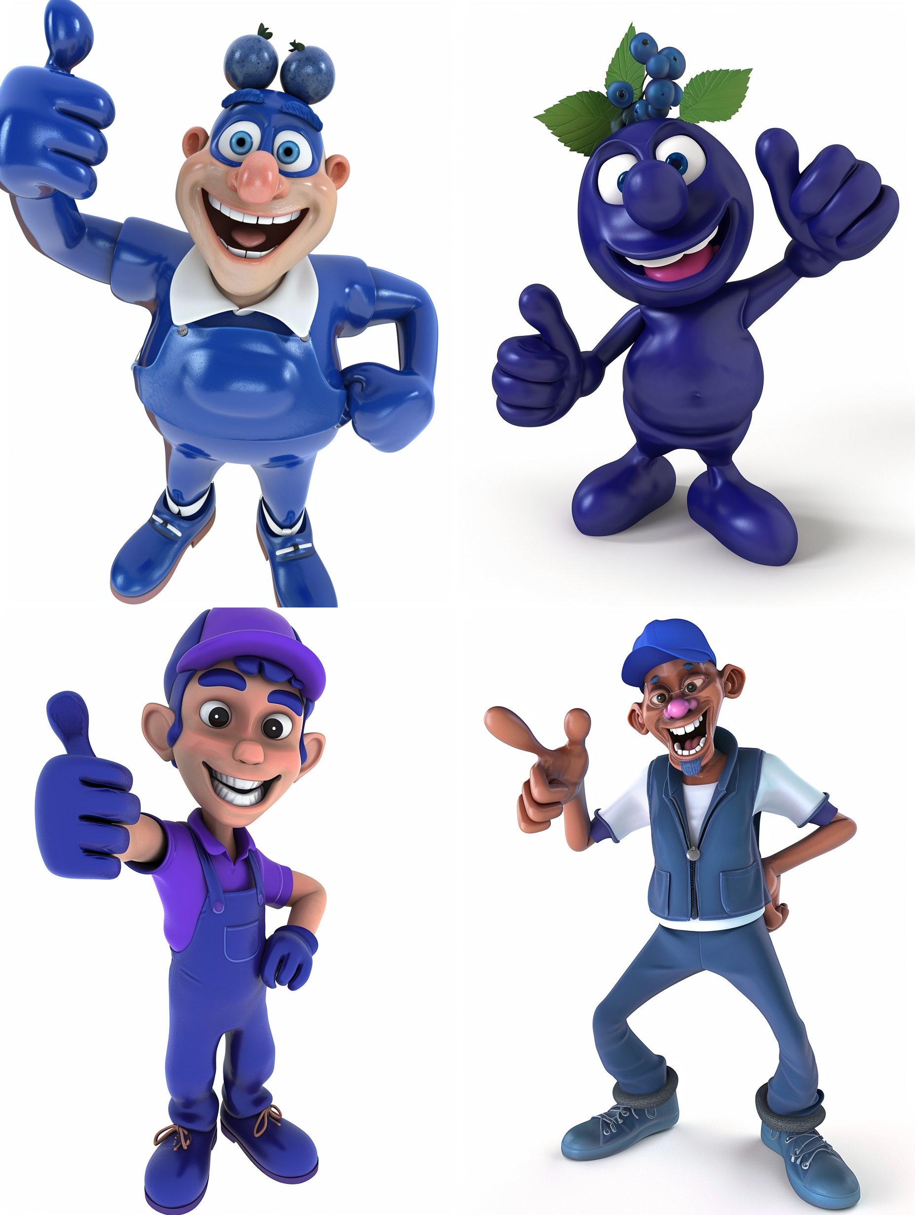 卡通蓝莓人，卡通风格，竖起大拇指，粘土材质，c4d渲染，鲜明色彩，清晰细节，柔和光线，动感十足，白色背景。 