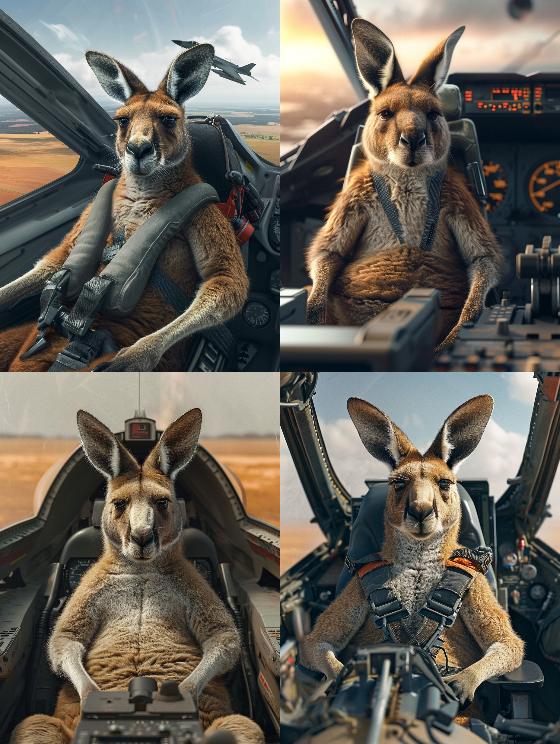 一肥胖的袋鼠，坐在隐身战机的驾驶舱，满脸好奇，照片风格，高清细节