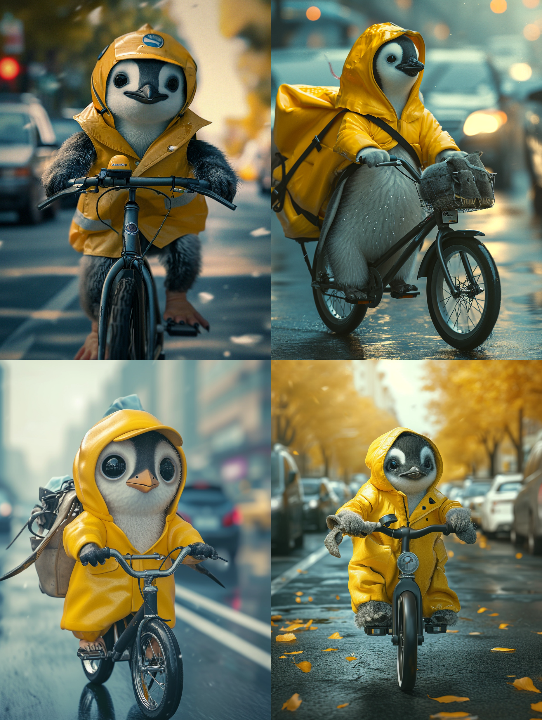  这只小企鹅宝宝是外卖工人，穿着黄色的外卖服装，骑着外卖单车行驶在繁华马路上，拟人化，照片真实，经典构图，杰作，精美色彩纠正，惊人的视觉效果，疯狂细节，复杂的细节，锐利的焦点，高清，8k，
