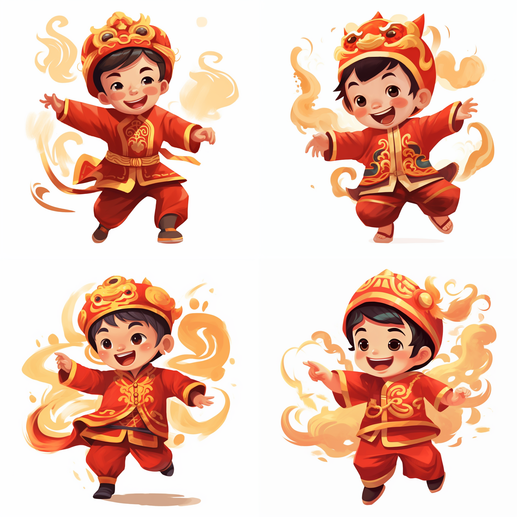 头戴中国传统红色金色大大的龙头帽的中国小男孩，身穿红色金色有中国花纹的唐装，欢快地跳起来，白色 背景，范奇，故事书插图，绘画，色彩鲜艳，矢量图