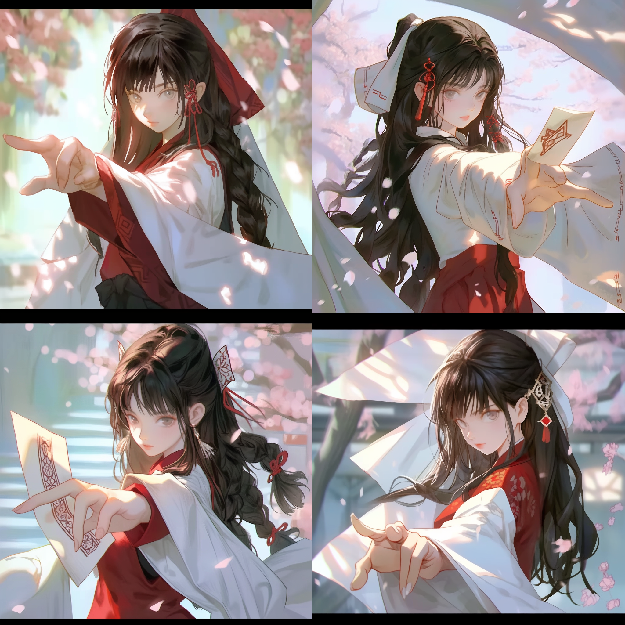 一个女孩，红色披肩飘逸长发，和服，柳树，晴天，精致复杂的服装，柔和的颜色，水晶项链，金属光，神光，丰富的细节，最高质量，超细节，极其精致，最新的pixiv 插画，精致的装饰，动态姿势，动态角度，华丽的光和影，柔和光