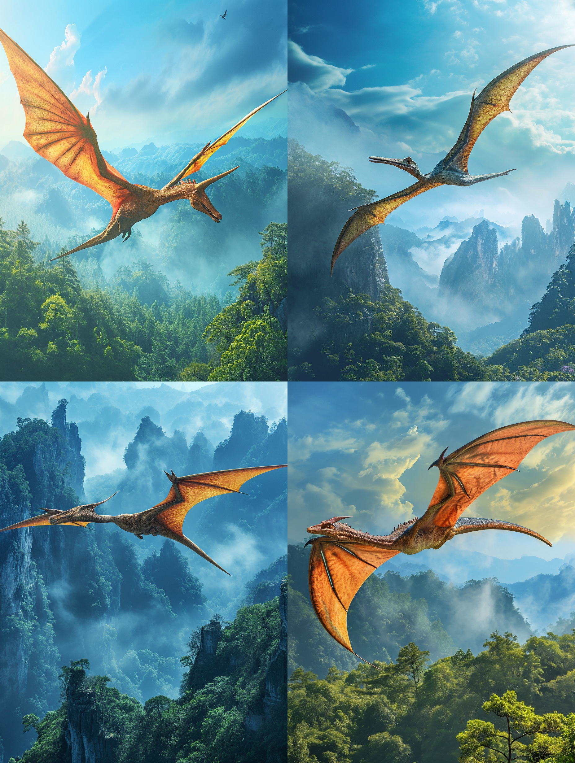 飞翔在蔚蓝天空中，背景是广阔的侏罗纪时代的森林和山脉。风神翼龙展翅高飞，姿态优美，光线柔和，色彩鲜艳。使用长焦镜头拍摄，突出了龙翼的细节和纹理。整个画面充满了神秘和壮丽感，给人一种恢弘的史前世界的震撼。侧重于动作和自然元素。