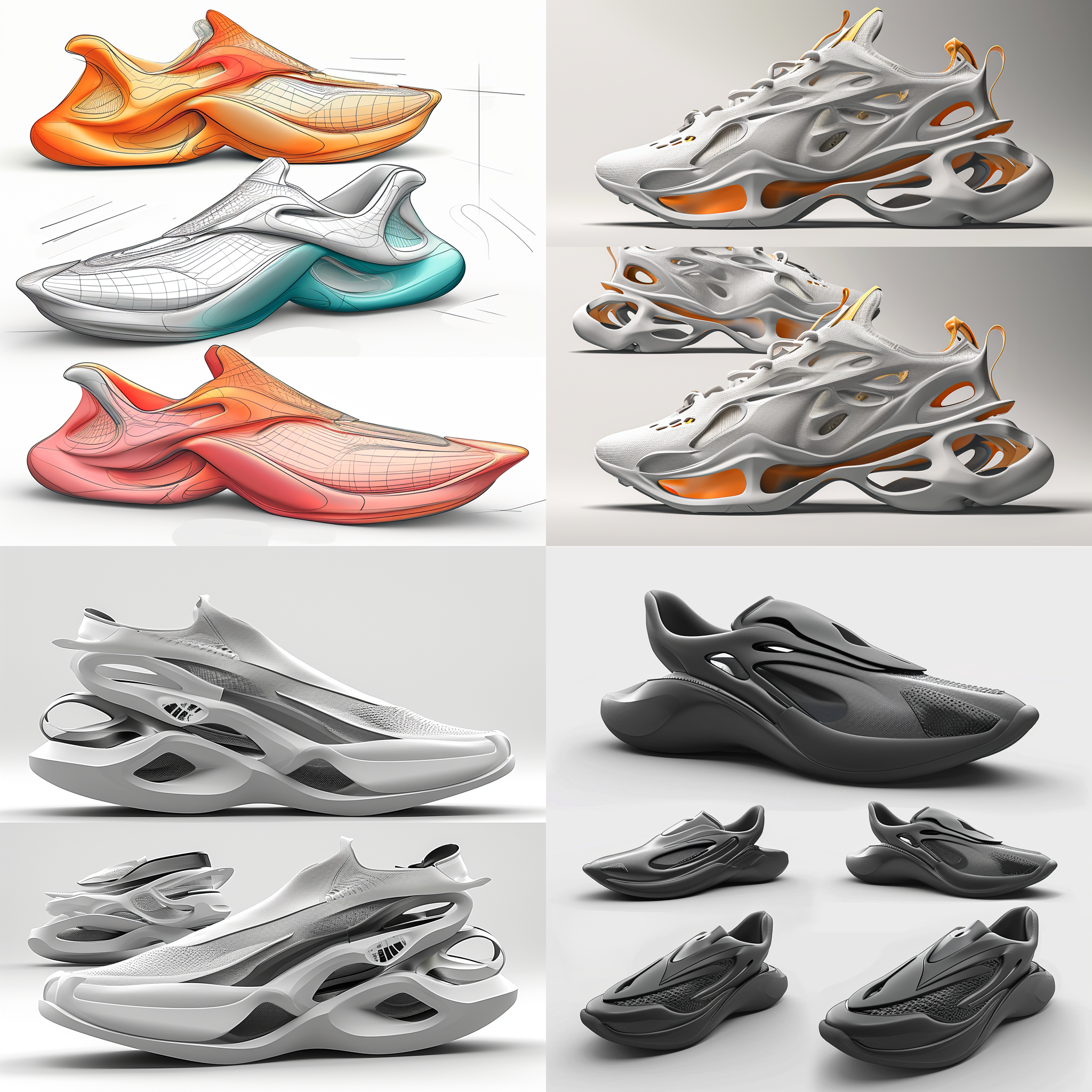 product design research collection of unisex trendy athletic shoes,one-piece molded, providing a sleek and streamlined appearance,minimalistic,comfort-first,forward-thinking and futuristic,unique curves and fluidity,boldgeometric shapes,three views ofan image,generate three views,namely the front view,the side view and the bace view,multi-angle and detail display,auxiliary line,colorized pencil sketch,high detail,industrial design,white background