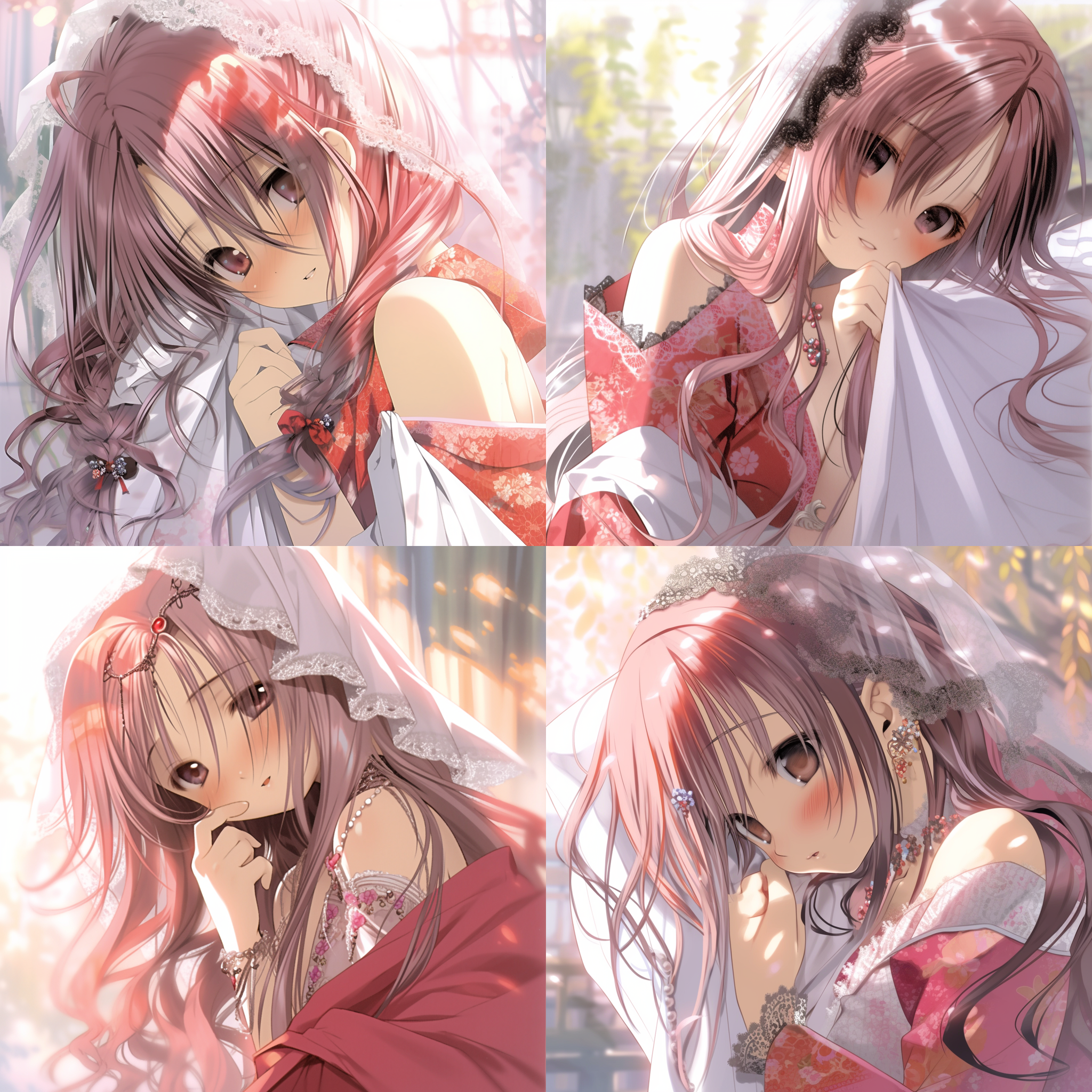 杰作上身，女孩子红色长发穿着和服，柳树，晴天，精致复杂的服装，柔和的颜色，水晶项链，金属光，神光，丰富的细节，最高质量，超细节，极其精致，最新的pixiv插图，华丽