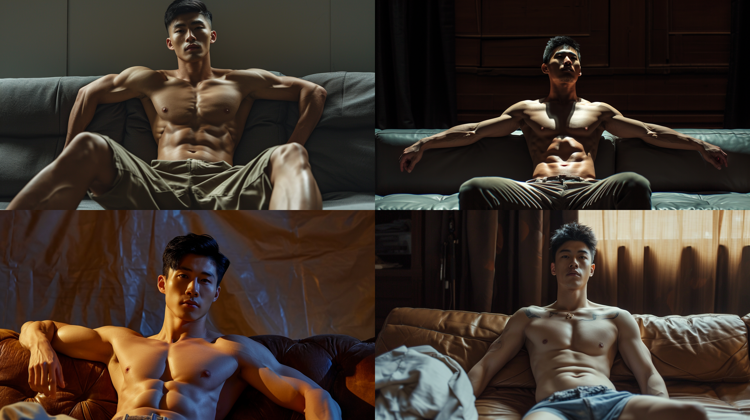 中国男模特坐在沙发上看向观众，单人，焦点在腹部，镜头在模特得正前方，俯视模特。模特背部挺直然后后仰，手臂张开上举放在头后面，双腿打开平放在沙发上。摄影棚内，氛围光照。帅气，年轻，肌肉，健壮，活力。