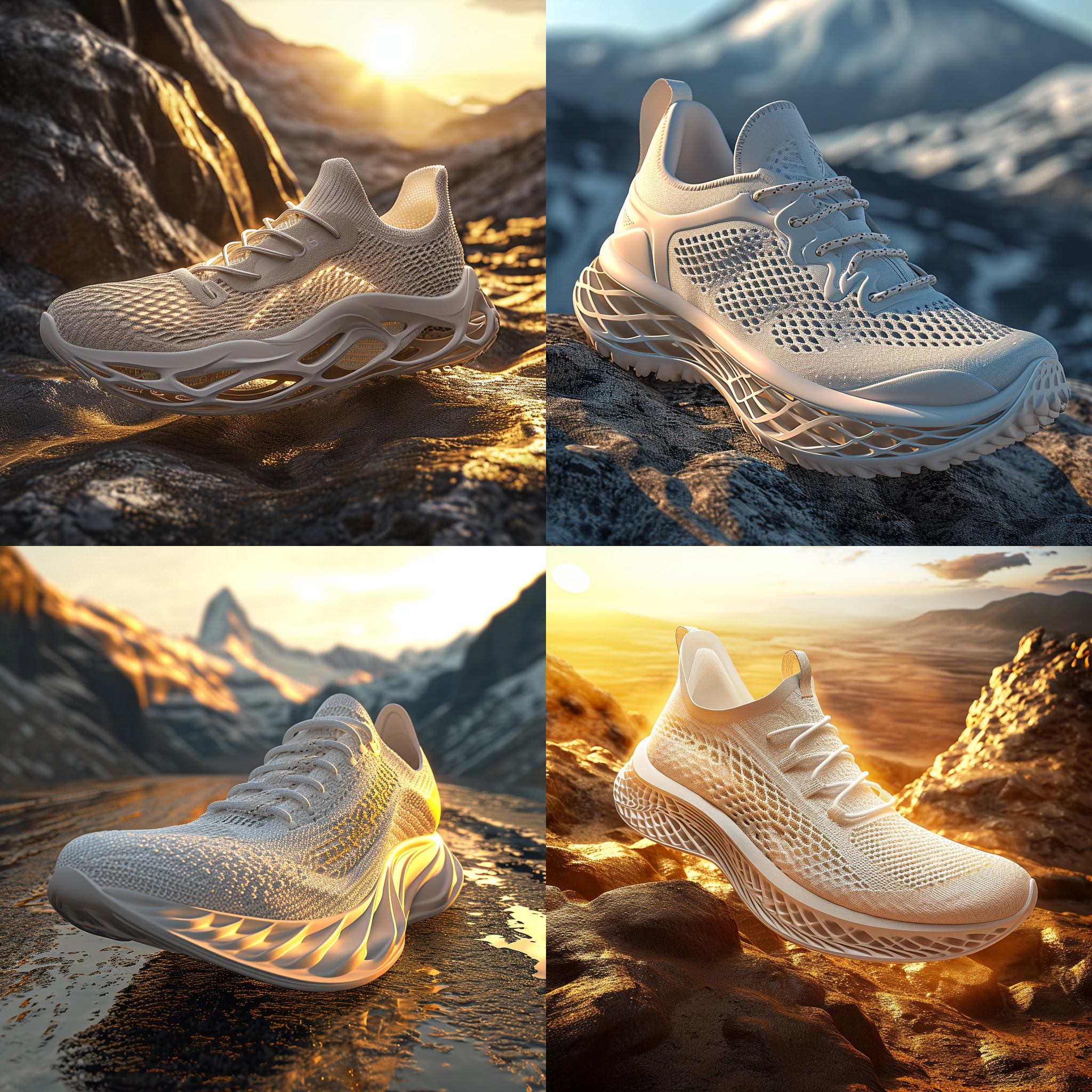 中性风格的潮流运动鞋，一体成型，提供圆滑和流线型的外观，编织鞋面，缓震鞋底，无鞋带设计，植绒鞋垫，柔和细腻的渐变色方案，山与山之间的路，黄金时刻，运动模糊，极度特写，pov，极宽广的视角，3d，c4d，octane渲染，光线追踪，中心构图，前视图，景深，自然光，亮色背景，技术虚拟背景