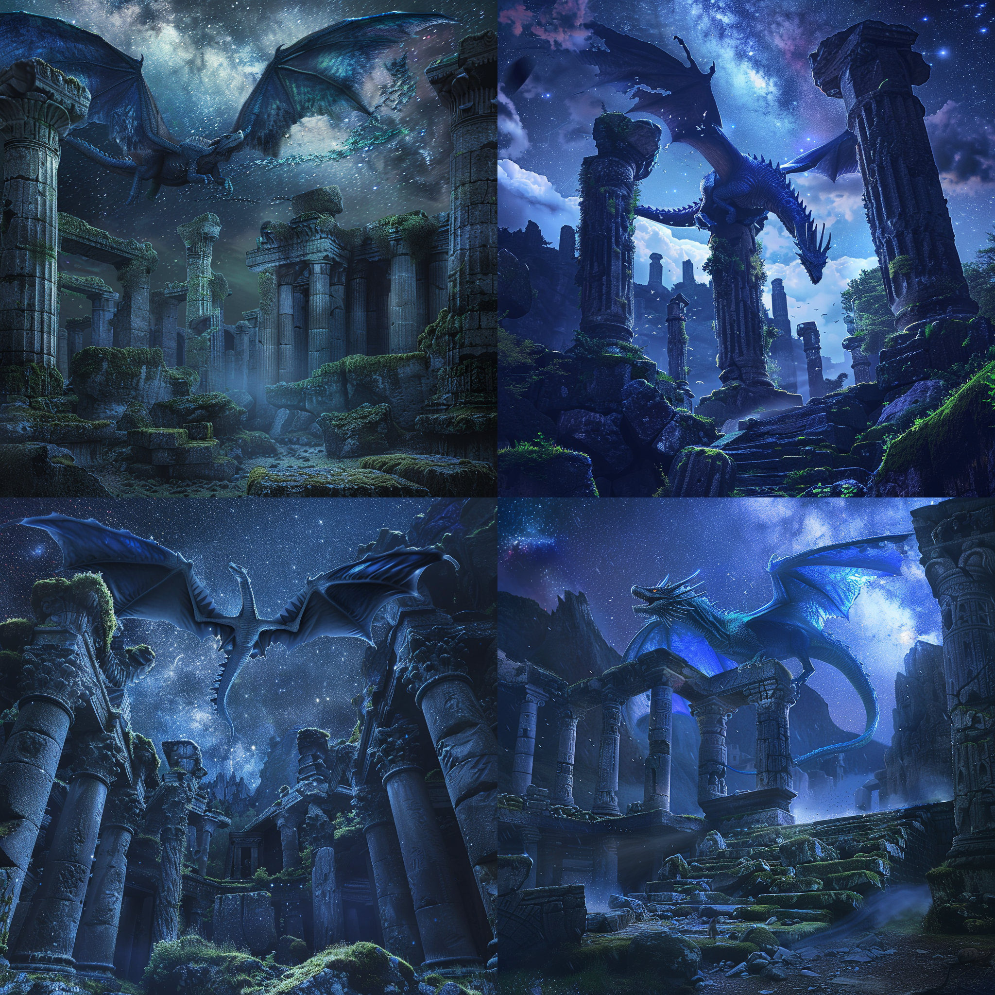 巨龙在古老神殿上空飞翔，青苔覆盖的石柱，蓝色身躯在星空中熠熠生辉，极高画质，环境真实，广角镜头，北欧风格，神秘，壮观，神奇。