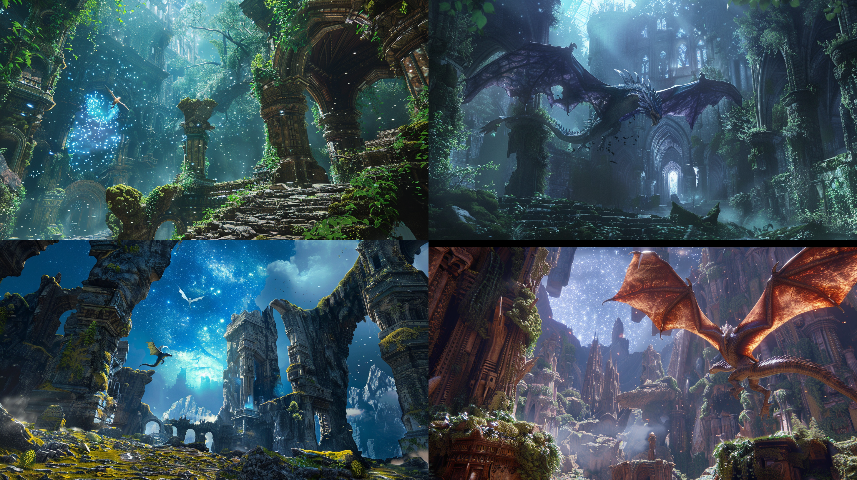 巨龙飞翔，神殿下，精灵仰望，青苔覆盖，古老建筑，蓝色身躯，星空璀璨，极高画质，环境真实，广角镜头，北欧风格，神秘色彩，壮丽气势。