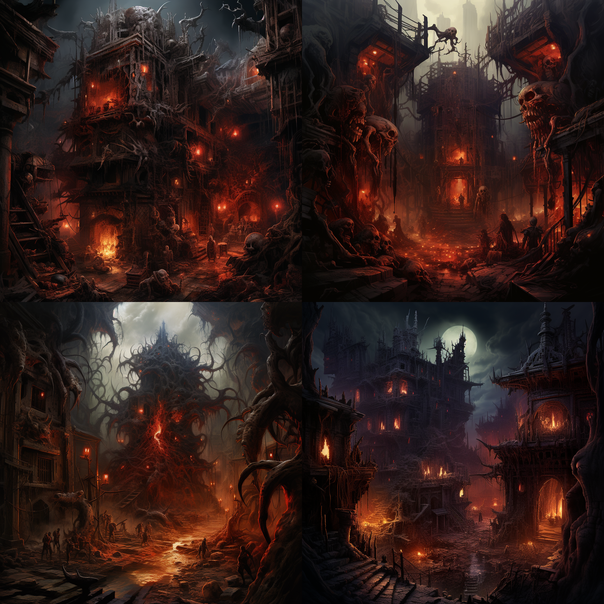 由无数小房间无序堆叠组成的建筑，破败无序扭曲，暗红色的火，人类的骷髅，交缠的藤蔓，悬挂的利剑，浓稠的液体，灰白色的雾气，烹煮的灵魂，古老干枯的动物遗迹，周围是荒芜的外星地表，坑洼无序，非地球式的生物跑动，丑陋，奇形怪状，表面覆盖了未知的符号，科幻暗黑恐怖死亡风格，中远镜头，低调照明