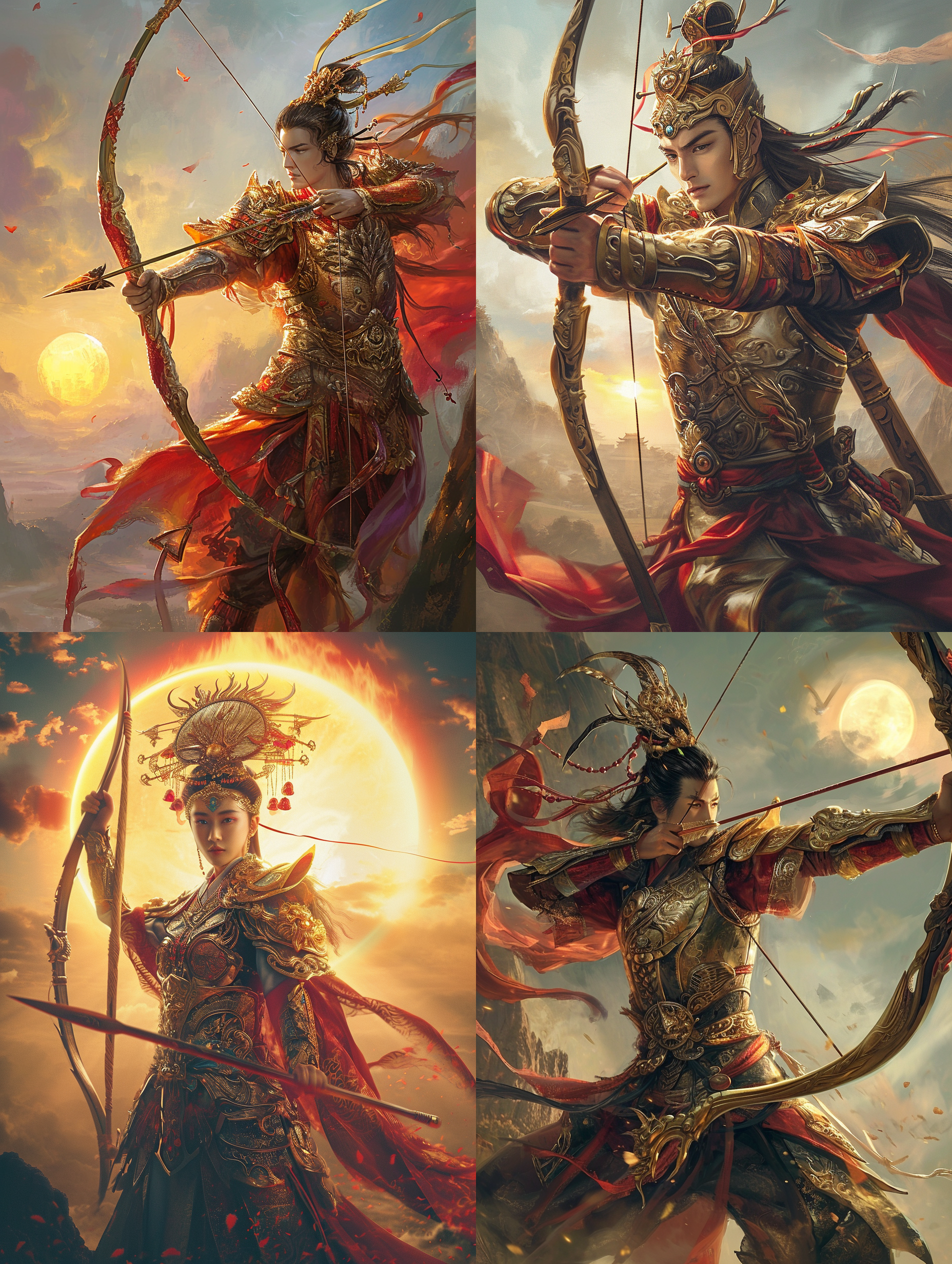 后羿射日，传说中的神话故事。后羿身穿华丽的神甲，手持神弓，准确瞄准太阳。背景是壮观的天空，太阳正冉冉升起。构图对称平衡，运用长焦镜头突出主角，色调鲜明，光线柔和。英勇、神秘、壮丽、神奇、古老、神圣、威严。