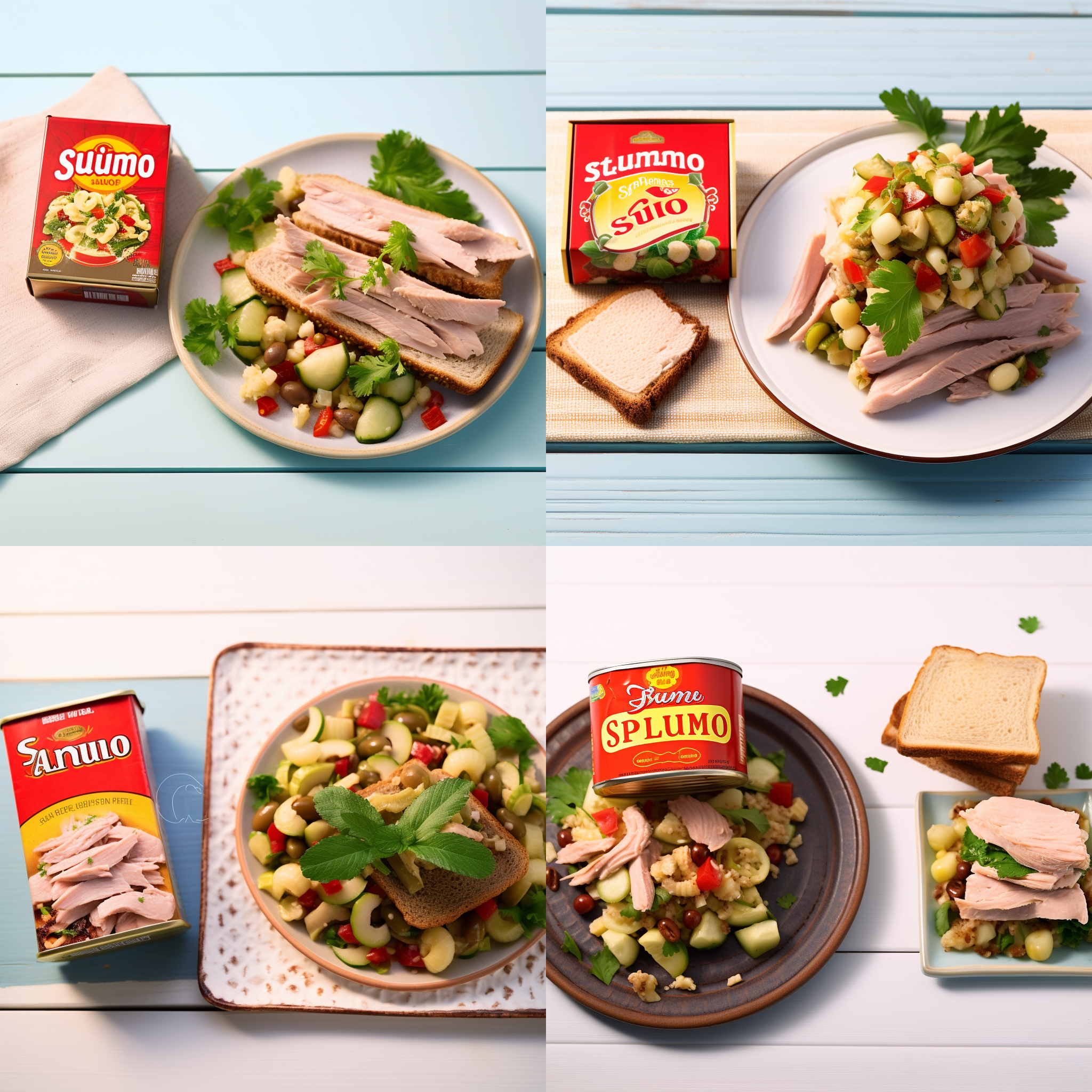 阳光逼真特写，金枪鱼罐头的红色正方形包装礼盒上印有callipo标志，旁边是金枪鱼三明治和沙拉菜。