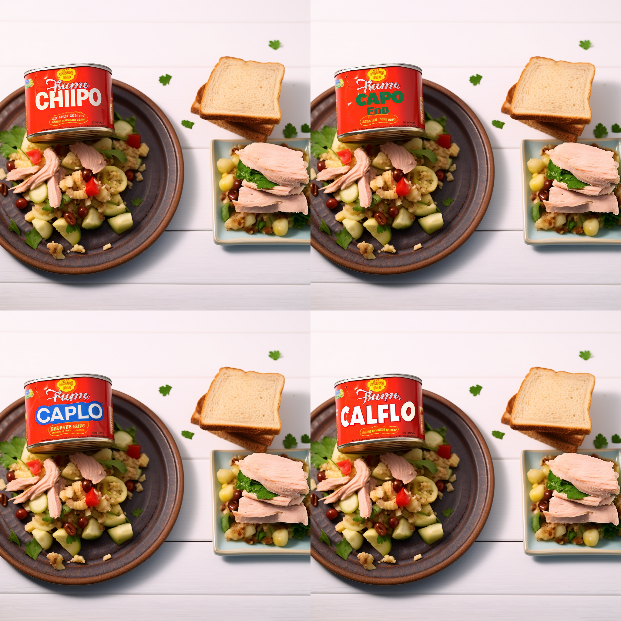 阳光逼真特写，金枪鱼罐头的红色正方形包装礼盒上印有callipo标志，旁边是金枪鱼三明治和沙拉菜。