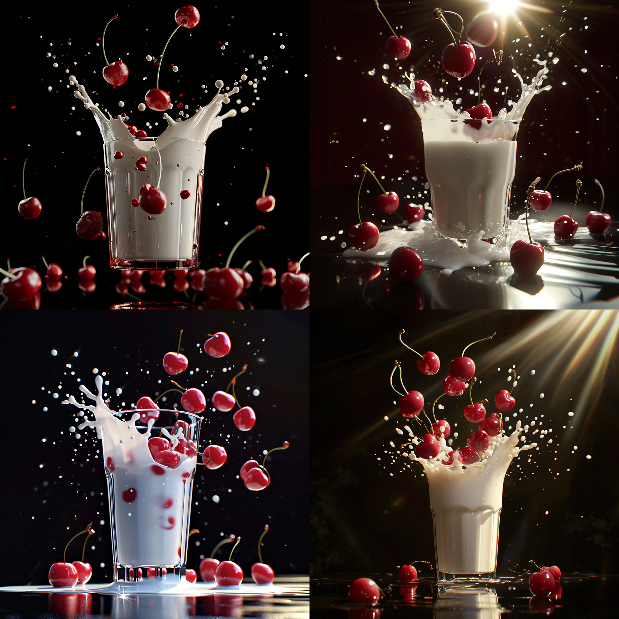一杯樱桃在牛奶杯里，溅出来的牛奶，空中飘落着樱桃，超真实写真，c4d，3d，高清，黑色背景 充满阳光