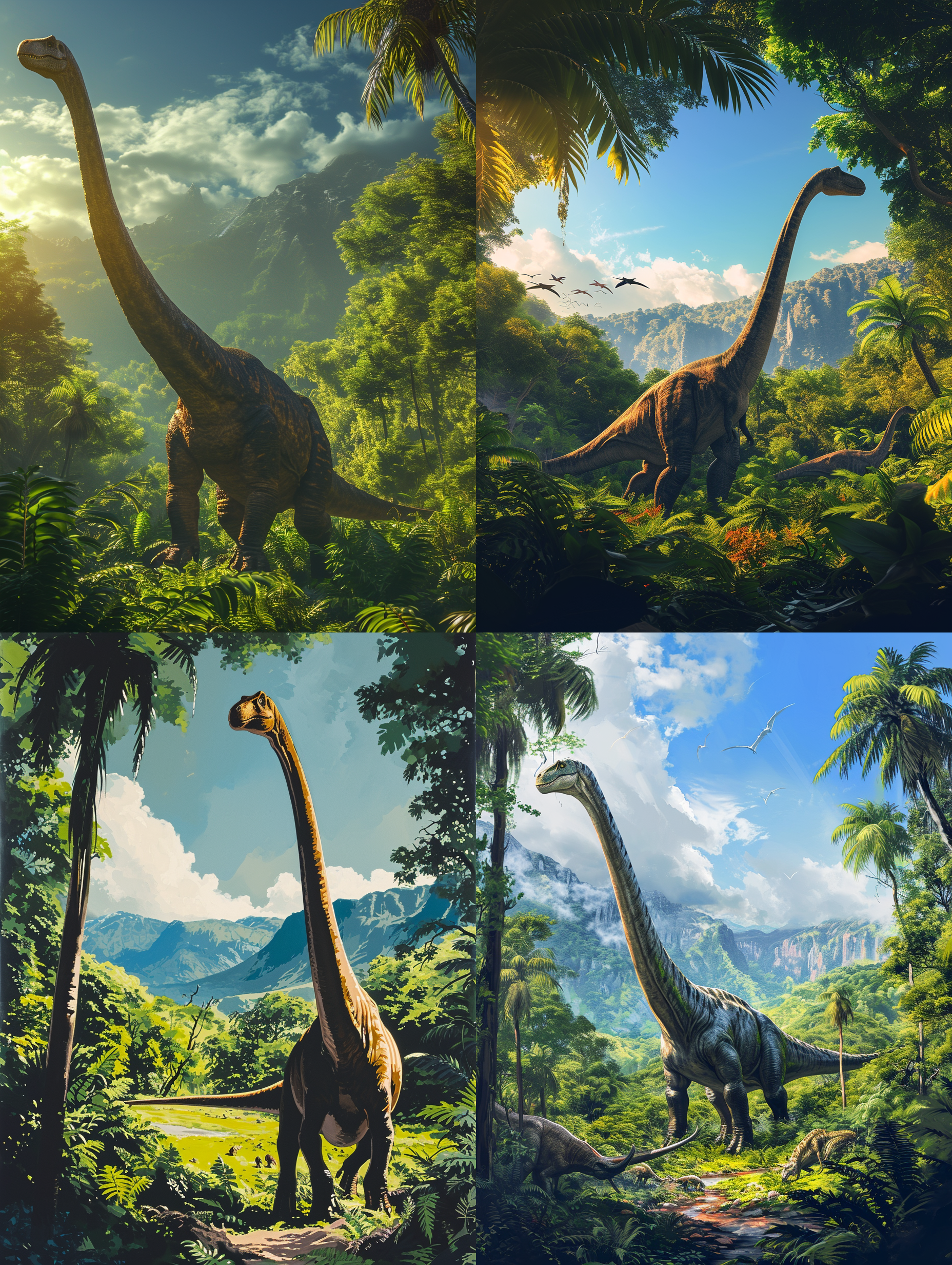 侏罗纪brachiosaurus，壮观的景象，巨大的恐龙站在翠绿的丛林中，阳光透过树叶洒下，形成斑驳的光影。远处是山脉和蓝天，给人一种壮丽的感觉。细节清晰，色彩饱满，透视感强，表达了侏罗纪时代巨大恐龙的威严和力量。恐龙，侏罗纪，丛林，阳光，细节清晰，斑驳的光影，壮丽，色彩饱满，透视感强，威严，力量。