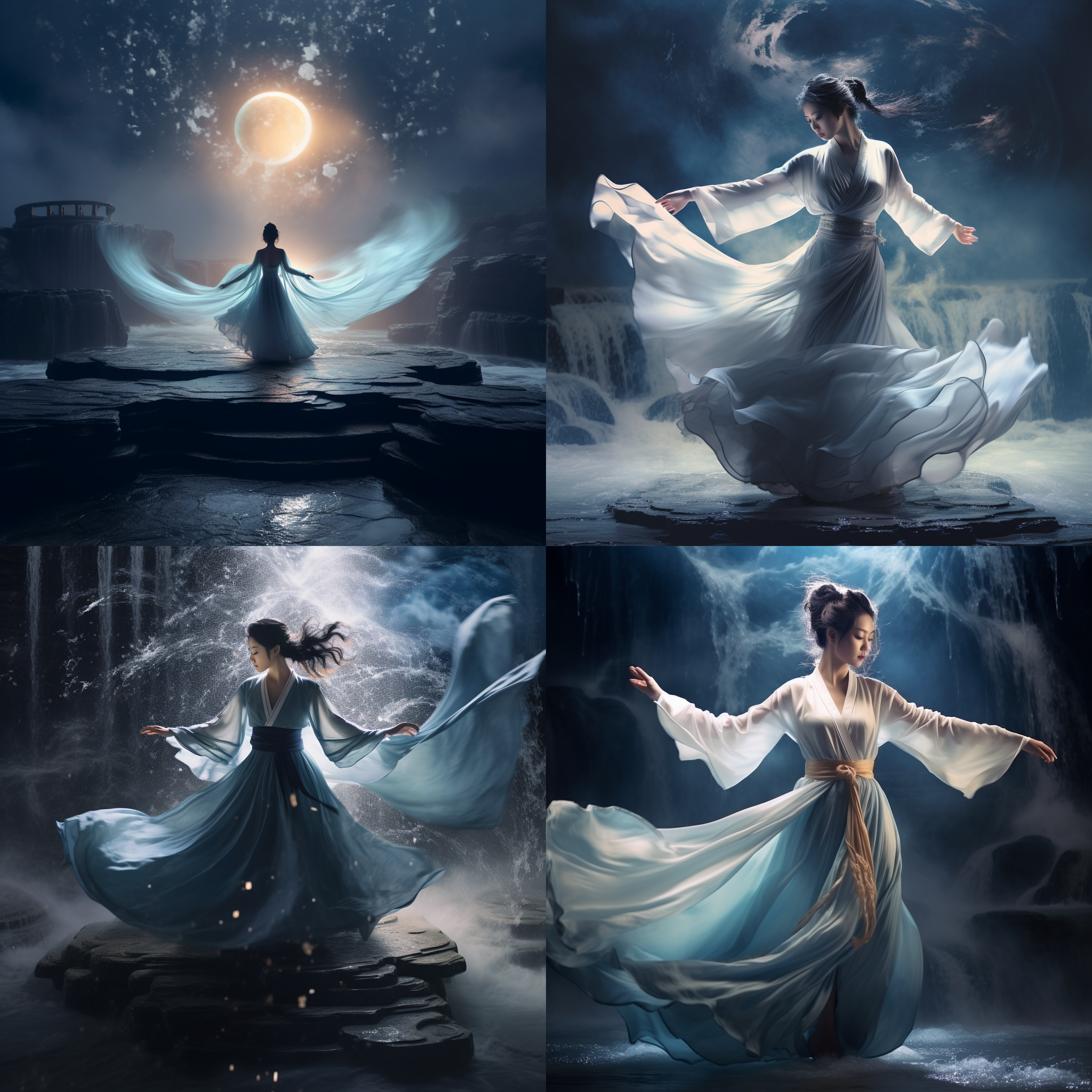瀑布舞蹈，夜景，曲线构图，汉服，月亮背景，雾海，柔光，长曝光，流动，神秘，优雅。