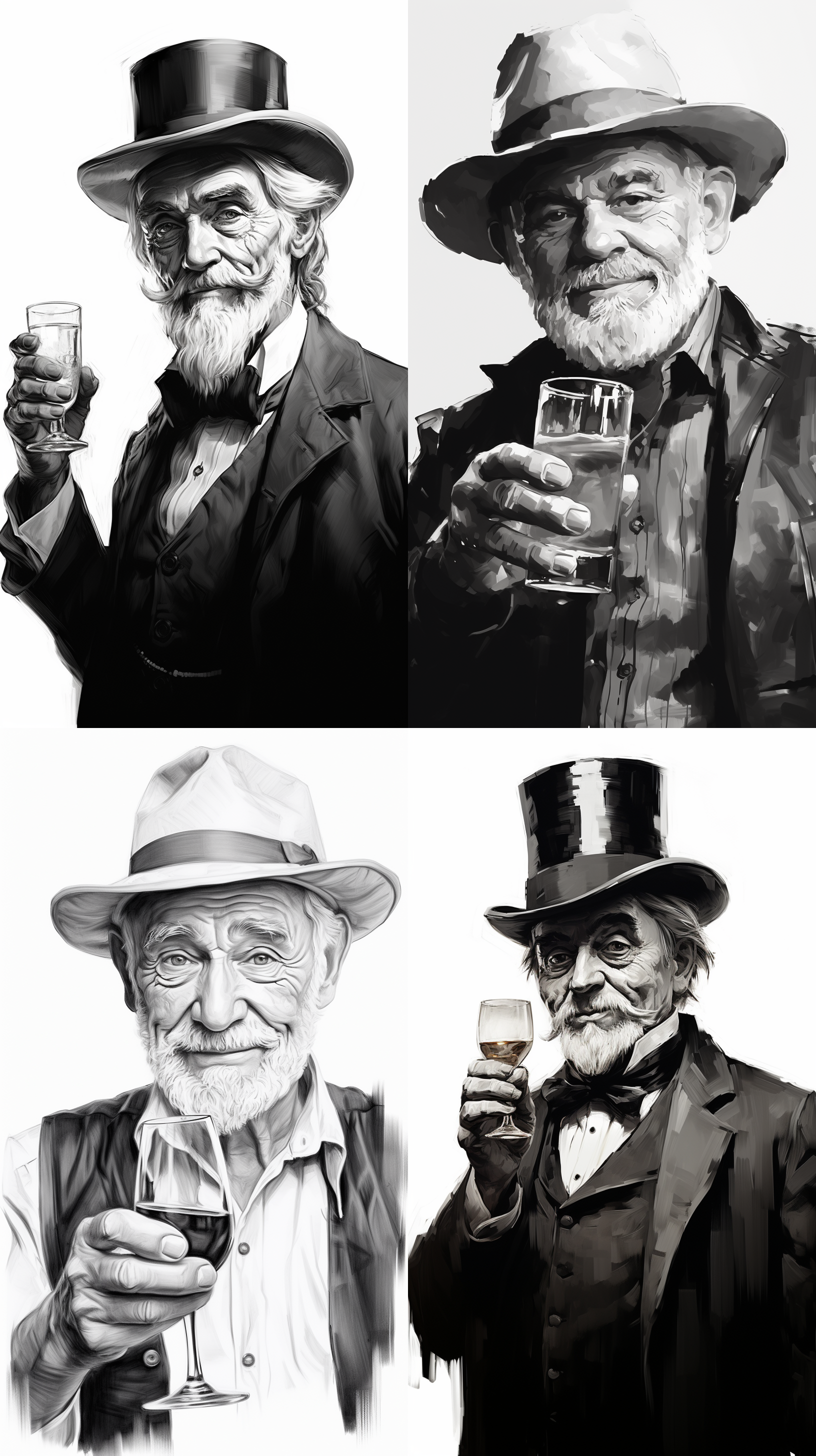 八十岁俄罗斯老爷爷头像精细素描，戴牛皮礼帽，黑白高清，四分之三侧角度，表情自然微笑，手里拿着酒杯，高清4k